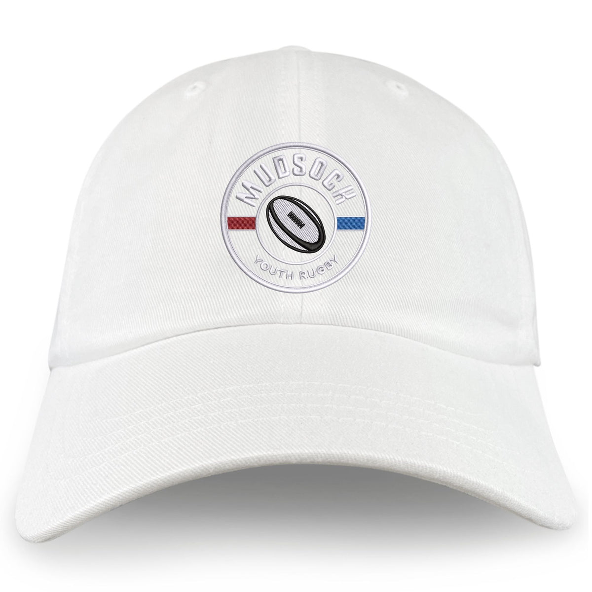 The EMB S&S Activewear Mudsock Rugby Adult Low-Profile Cotton Twill Dad Cap features a circular "MUDSOCK YOUTH RUGBY" patch with a rugby ball and red and blue lines on the front.