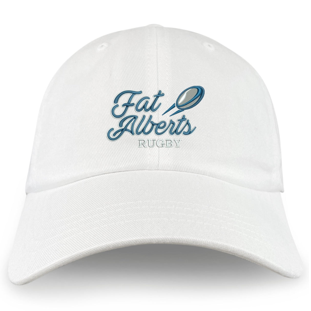 The EMB S&S Activewear Gulf Coast Fat Alberts Adult Low-Profile Cotton Twill Dad Cap features embroidered "Fat Alberts Rugby" and a rugby ball team logo on the front.