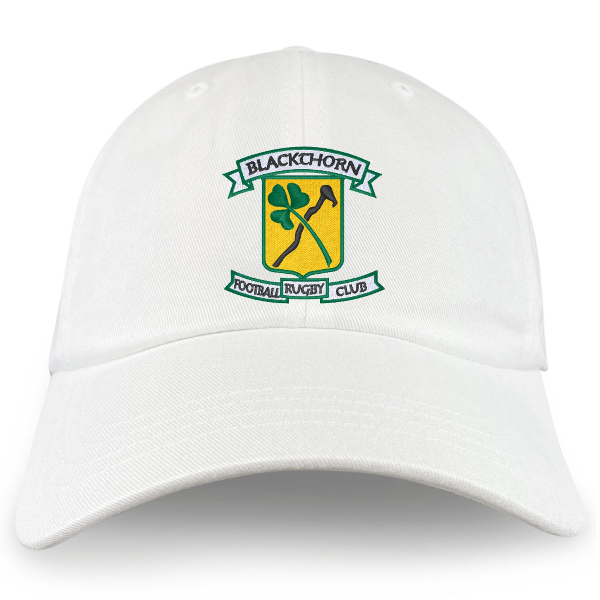 The Blackthorn RFC Adult Low-Profile Cotton Twill Dad Cap by EMB S&S Activewear features embroidered team branding with a shamrock and axe on a yellow and green shield.