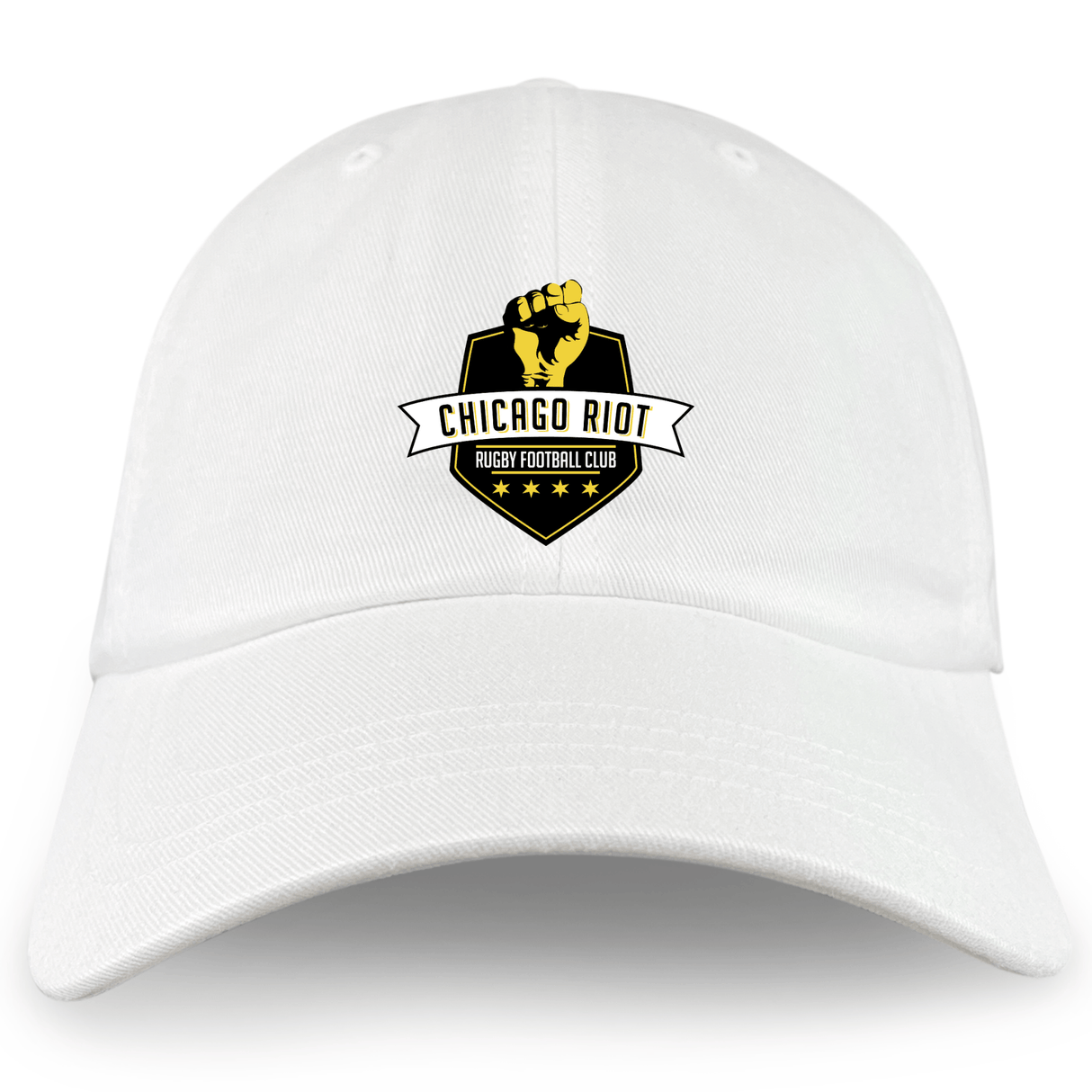 The EMB S&S Activewear Chicago Riot Adult Low-Profile Cotton Twill Dad Cap features an embroidered team logo with a raised fist and yellow-black shield on the front.