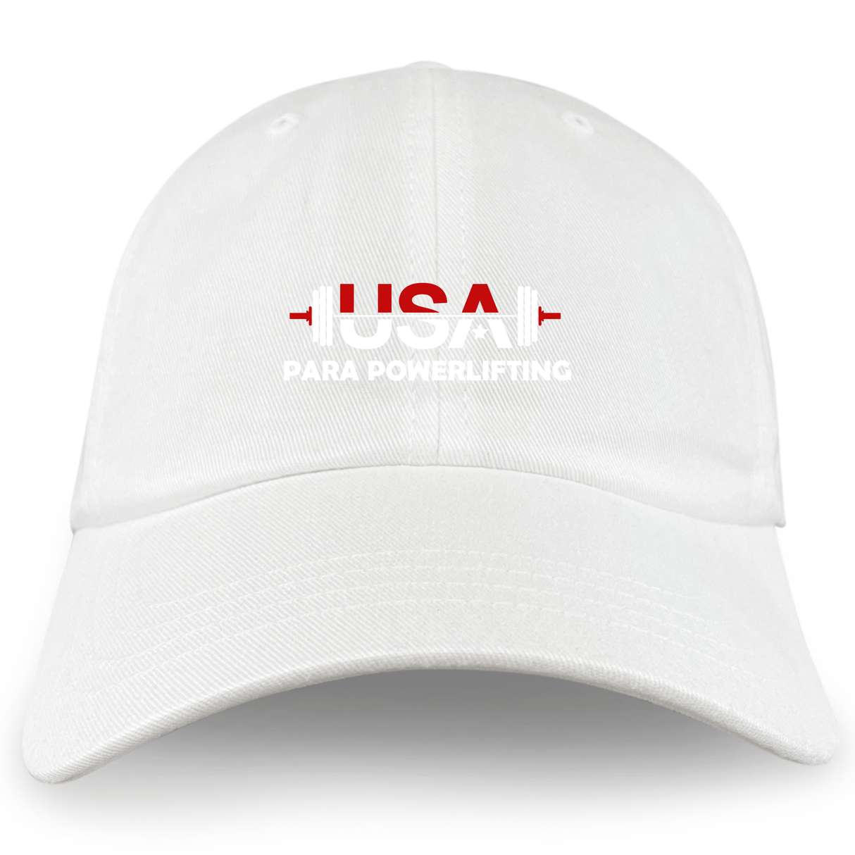 The EMB S&S Activewear USA Para Powerlifting Adult Low-Profile Cotton Twill Dad Cap features "USA" embroidered in red, a barbell graphic, and "Para Powerlifting" in white on the front.
