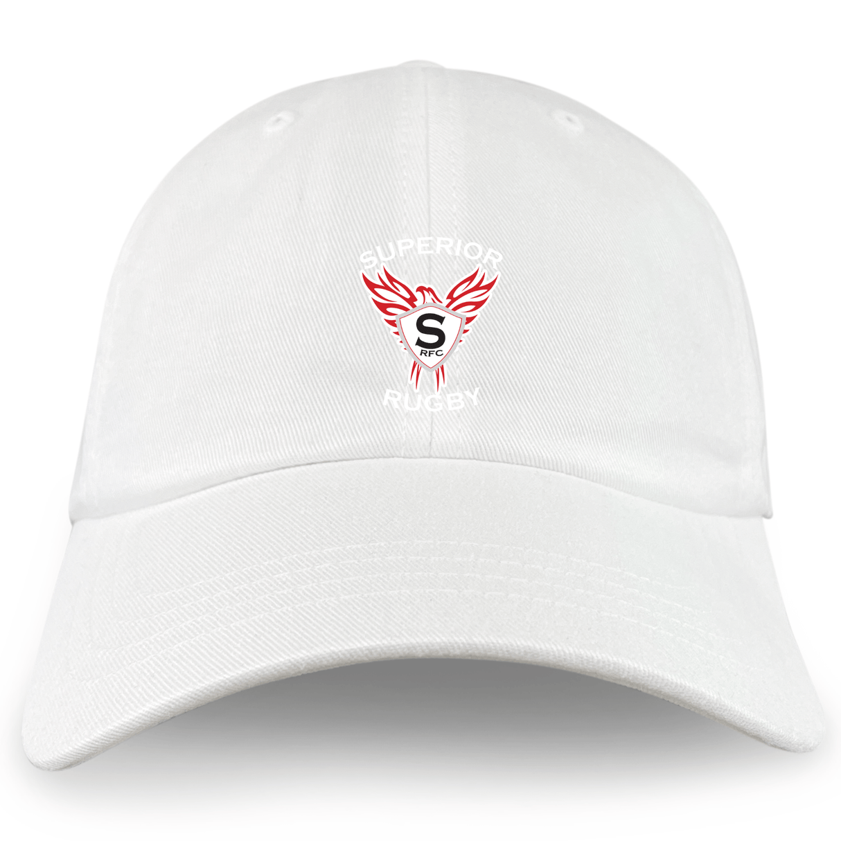 The Superior Rugby Club Adult Low-Profile Cotton Twill Dad Cap by EMB S&S Activewear is a white cotton twill hat with an embroidered red and black "Superior Rugby RFC" winged logo on the front center.