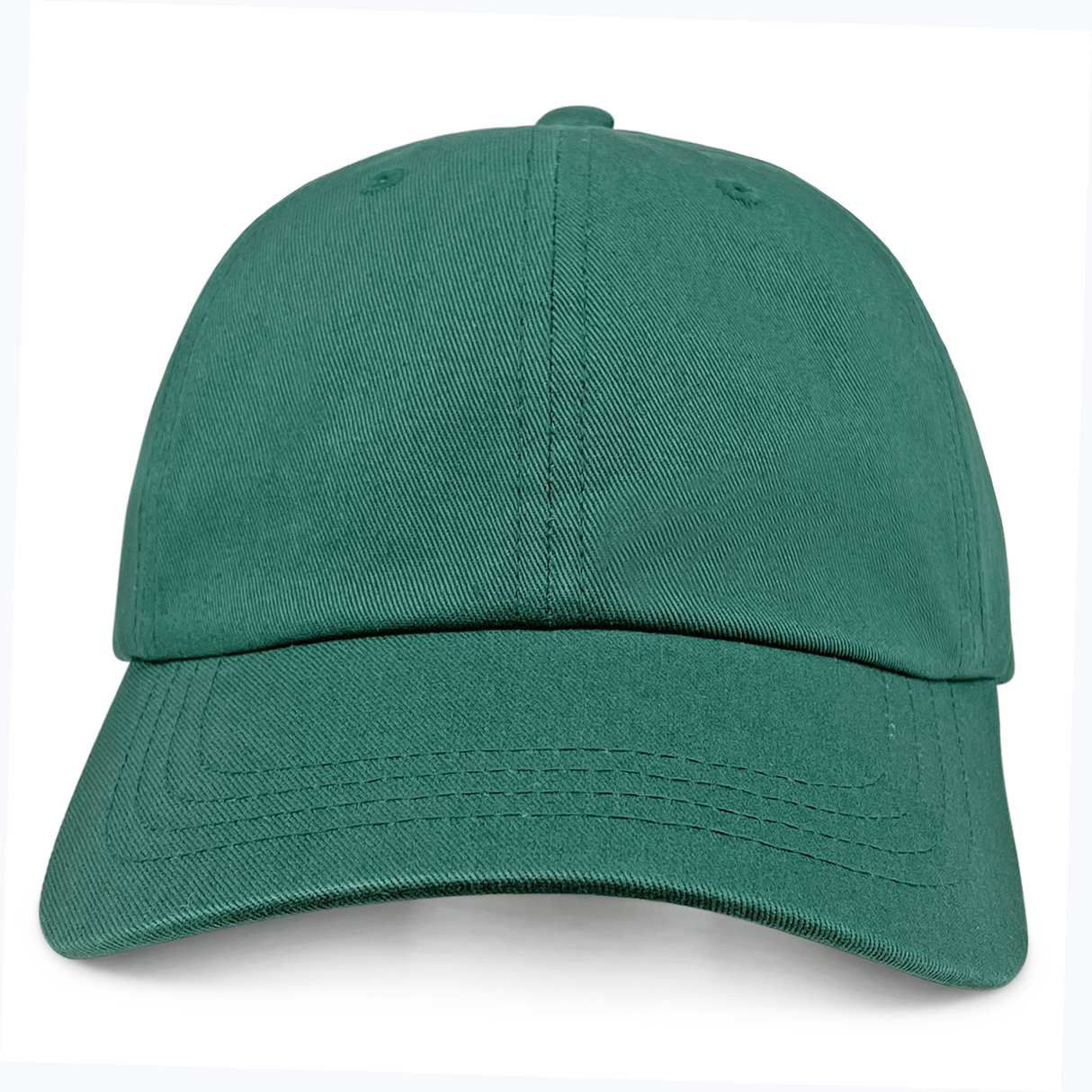 The S&S Activewear Adult Low-Profile Cotton Twill Dad Cap is shown in plain green from the front, crafted from soft cotton twill and displayed against a light background.
