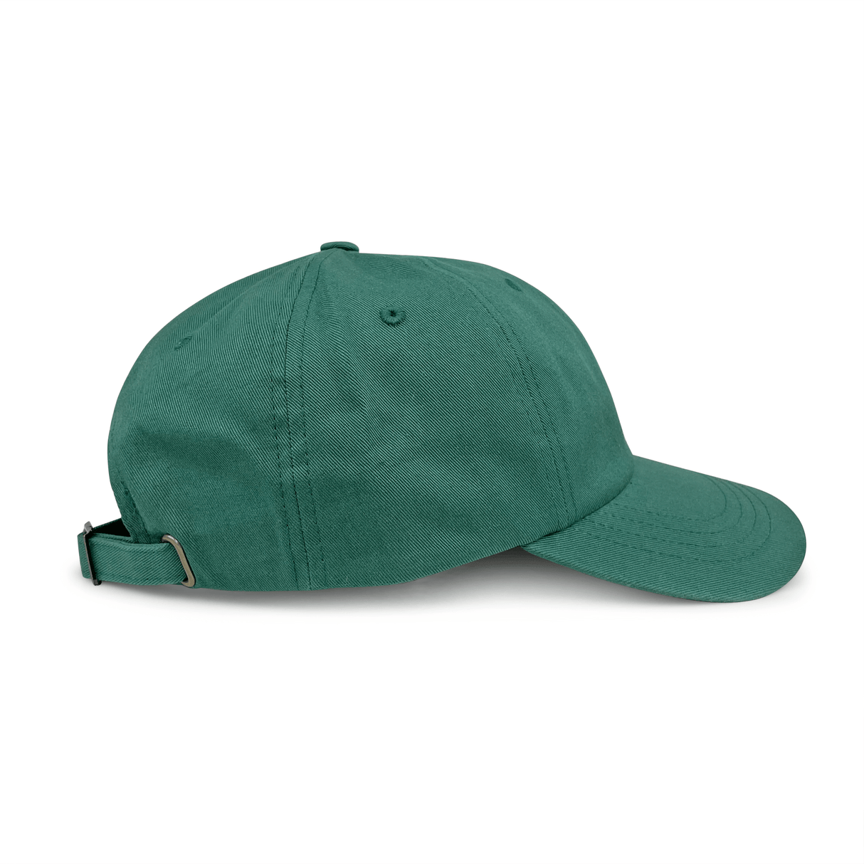The S&S Activewear Adult Low-Profile Cotton Twill Dad Cap in green is shown from the back and slightly to the side, featuring an adjustable strap and buckle, against a white background.