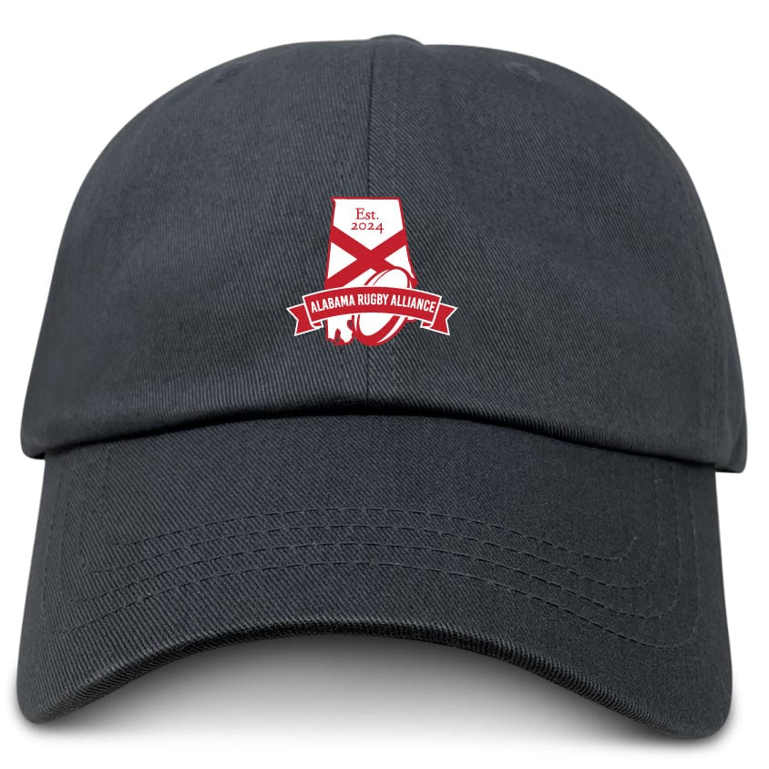 The EMB S&S Activewear Alabama Rugby Alliance Adult Low-Profile Cotton Twill Dad Cap is black with a red and white embroidered front design.