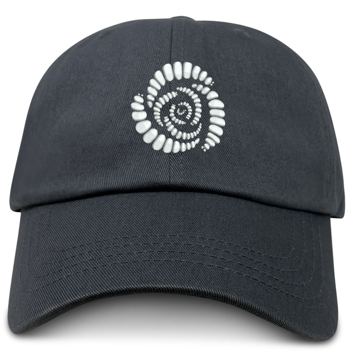 The Missoula All-Maggots Adult Low-Profile Cotton Twill Dad Cap by EMB S&S Activewear features a black design with a white spiral shell embroidered on the front center and subtle team branding for a sporty, rugby-inspired look.