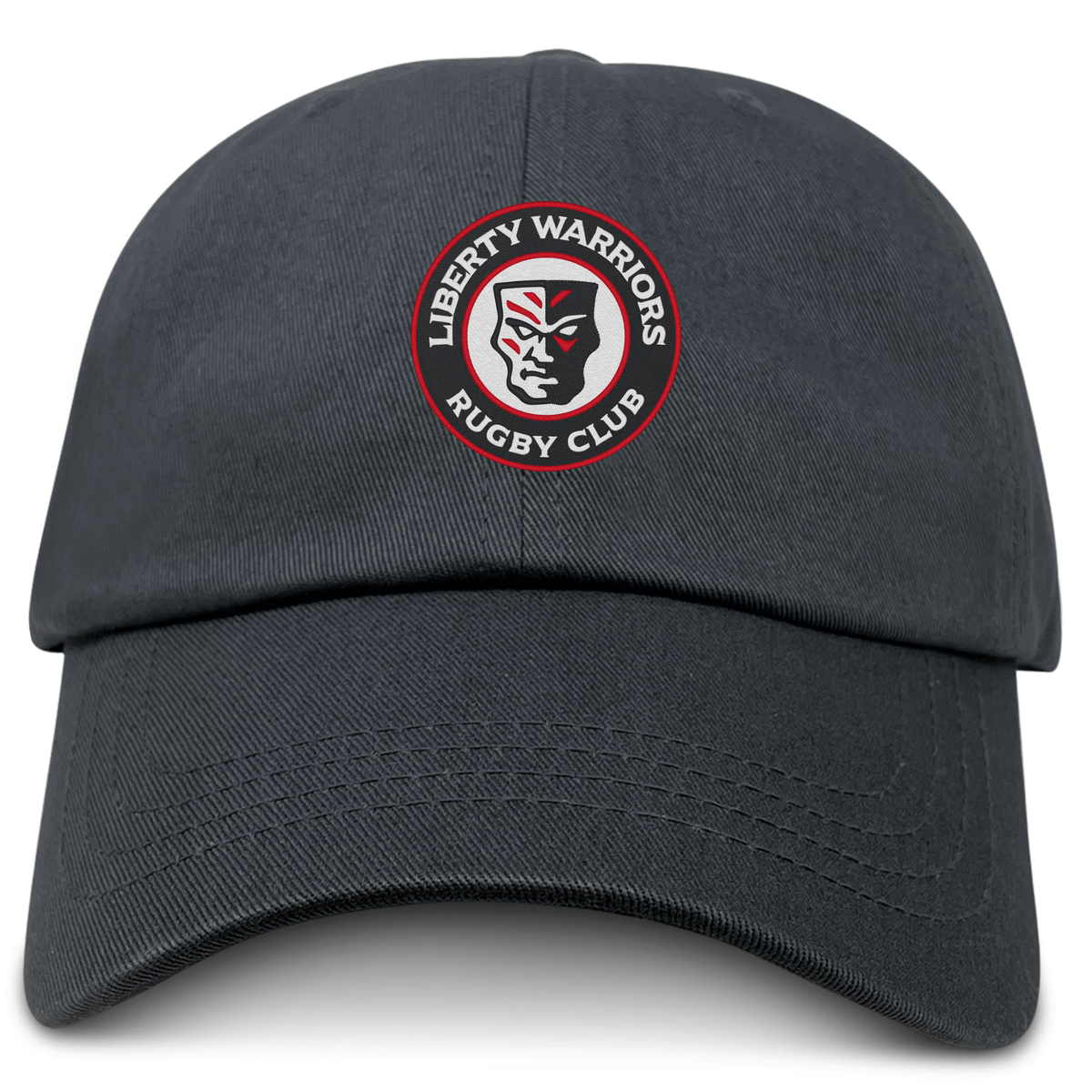The Liberty Lake Warriors Adult Low-Profile Cotton Twill Dad Cap by EMB S&S Activewear is black, featuring a round, embroidered "Liberty Warriors Rugby Club" logo with a stylized red, white, and black face on the front.