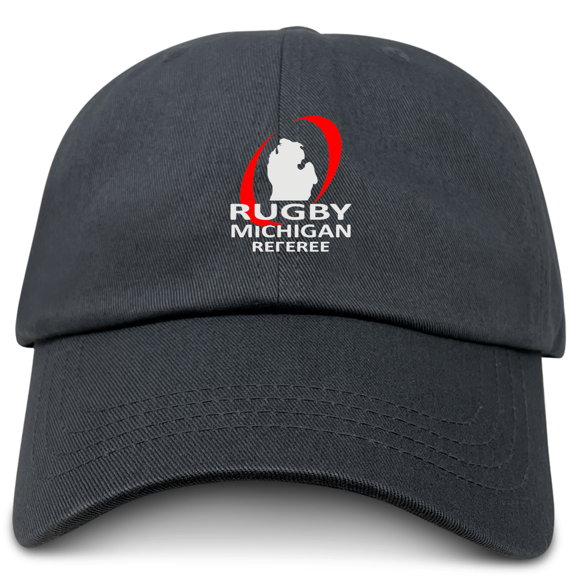 The EMB S&S Activewear Rugby Michigan Referee Society Adult Low-Profile Cotton Twill Dad Cap features an embroidered team logo with a white state outline and red curved lines on the black front.