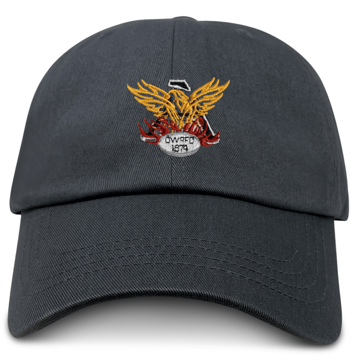 The Atlanta Old White Rugby Adult Low-Profile Cotton Twill Dad Cap by EMB S&S Activewear is a black cotton twill hat featuring an embroidered yellow and red-winged emblem above a white ball with "OWNED 1974" text.