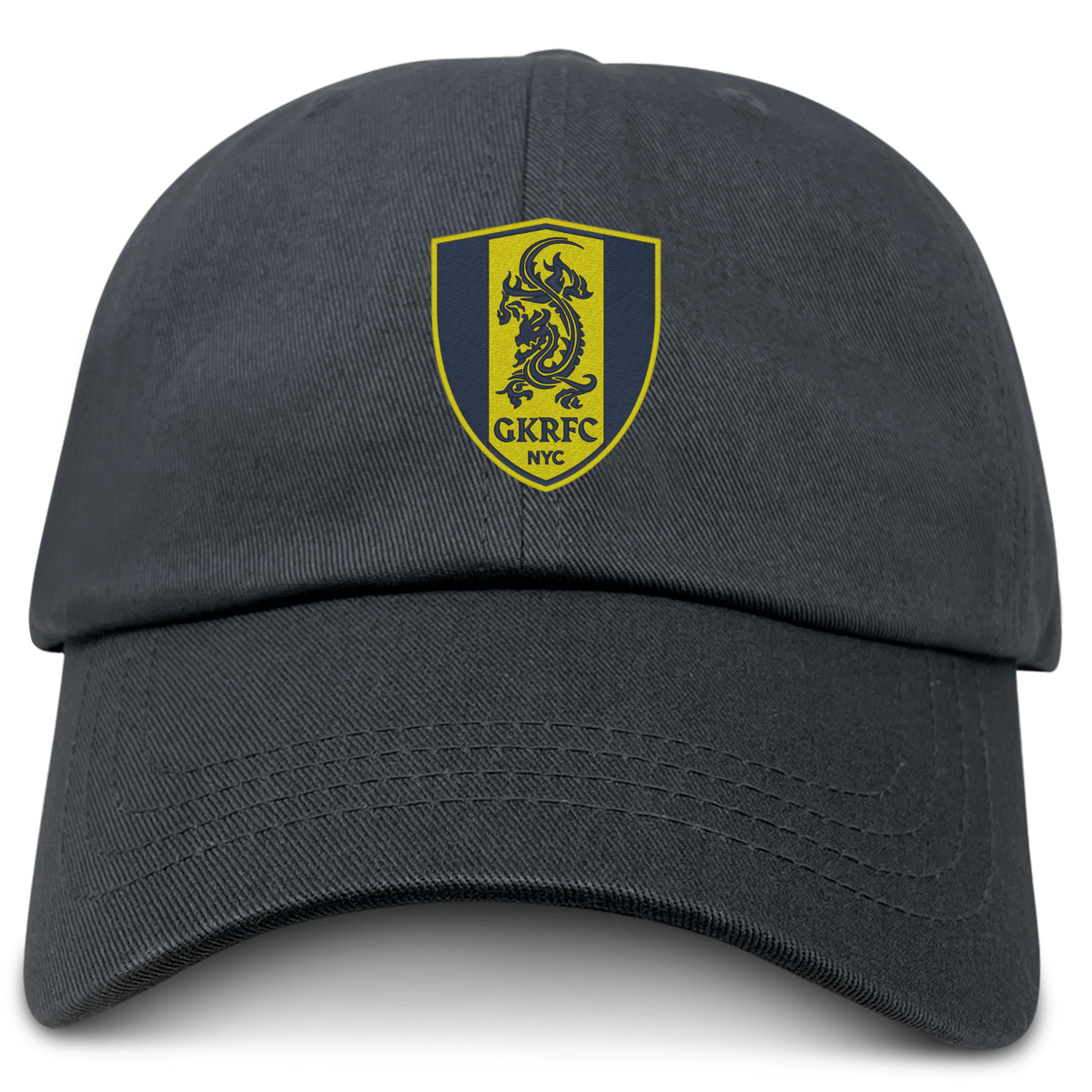 The Gotham Knights Adult Low-Profile Cotton Twill Dad Cap by EMB S&S Activewear is black with an embroidered yellow and black shield logo featuring a dragon and "GKRFC NYC" text on the front.