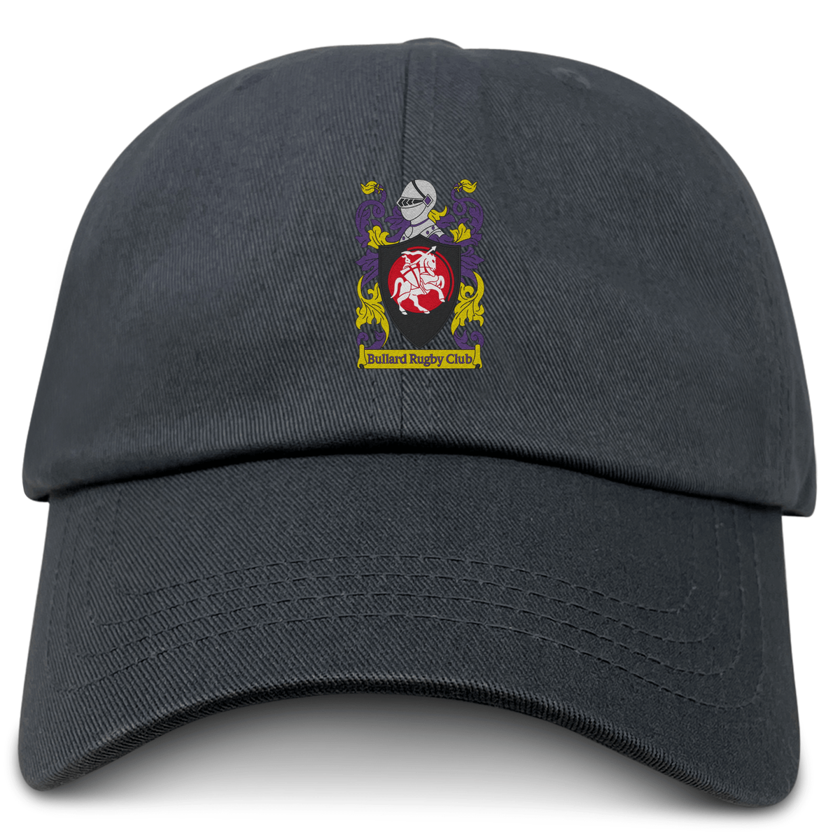 The Bullard Rugby Adult Low-Profile Cotton Twill Dad Cap by EMB S&S Activewear features a black twill design with an embroidered crest—knight's helmet, purple/yellow details, red shield, and "Bullard Rugby Club"—for vintage style.
