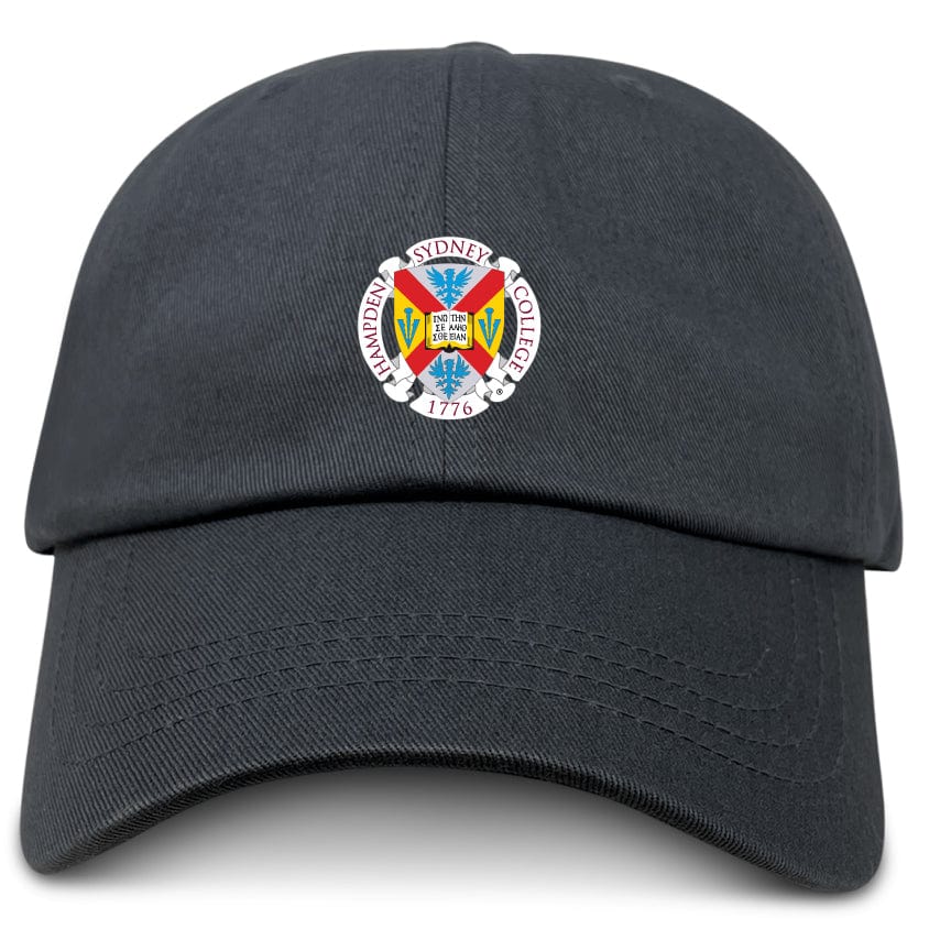 The EMB S&S Activewear Hampden Sydney College Adult Low-Profile Cotton Twill Dad Cap in black features the college crest embroidered on the front, offering classic style with vintage charm.