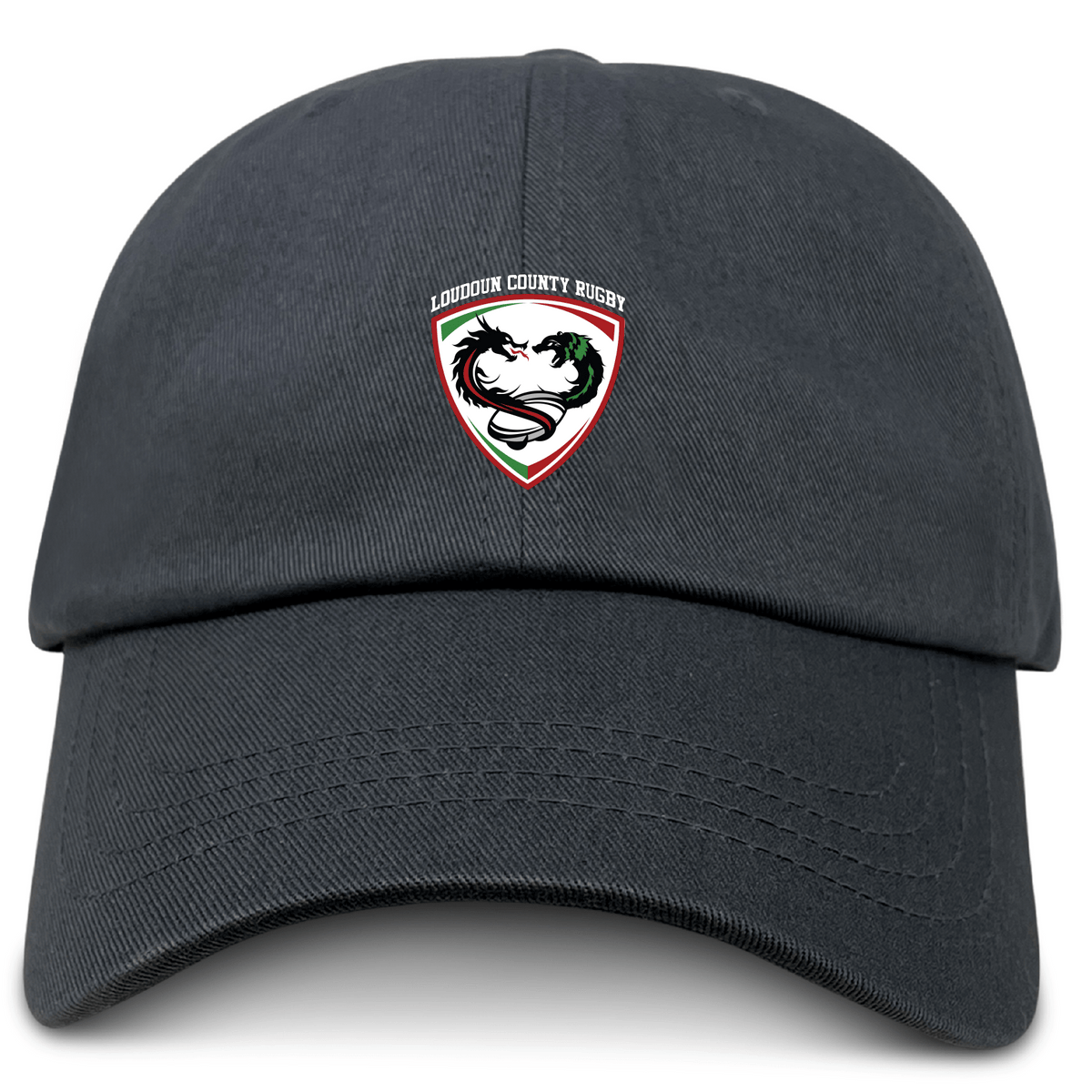 The Loudoun Adult Low-Profile Cotton Twill Dad Cap by EMB S&S Activewear is a black dad hat with the Loudoun County Rugby logo—featuring a stylized horse and rugby ball—embroidered on the front.