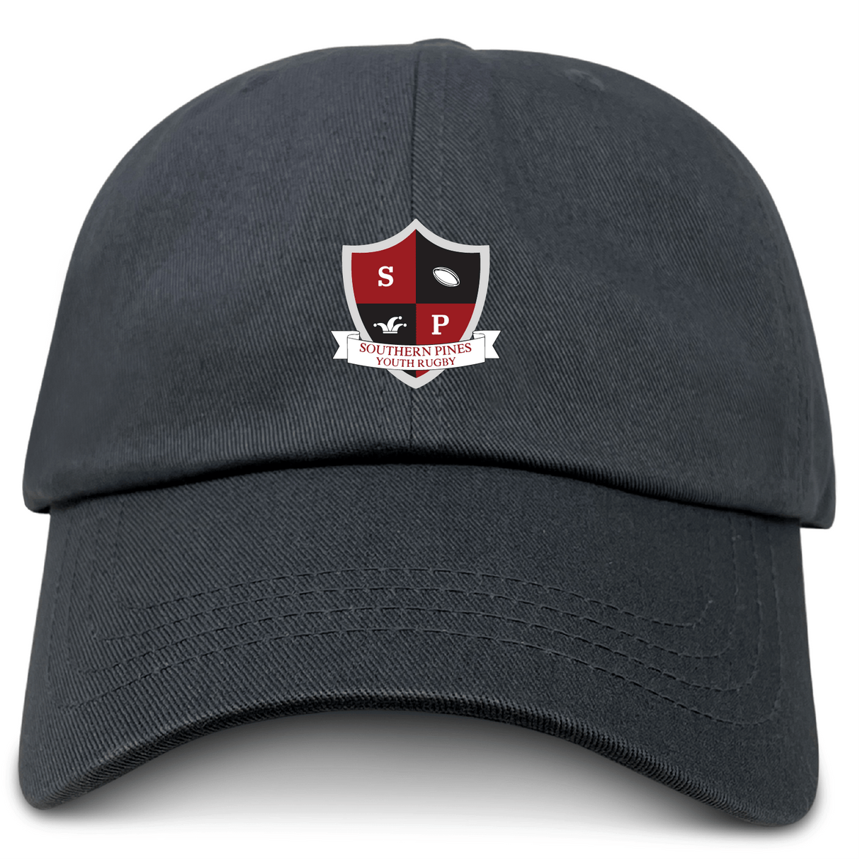 The Southern Pines Youth Rugby Adult Low-Profile Cotton Twill Dad Cap by EMB S&S Activewear features a black design with a red and black shield logo, "SP" and rugby ball icons, and a "Southern Pines Youth Rugby" banner for added style.