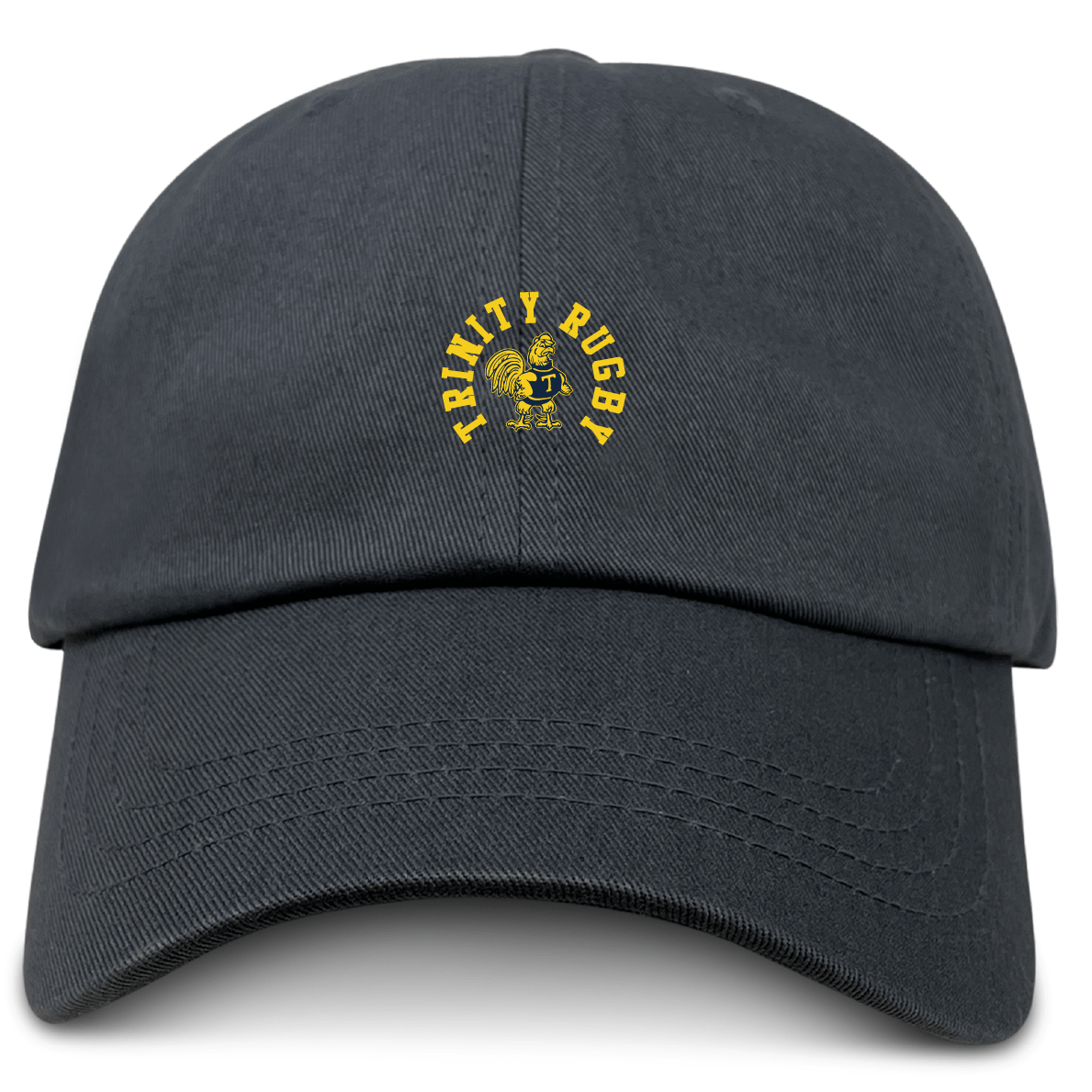 The Trinity College Adult Low-Profile Cotton Twill Dad Cap by EMB S&S Activewear is a black dad cap with embroidered yellow "Trinity Rugby" logo, rooster, and rugby ball on the front.