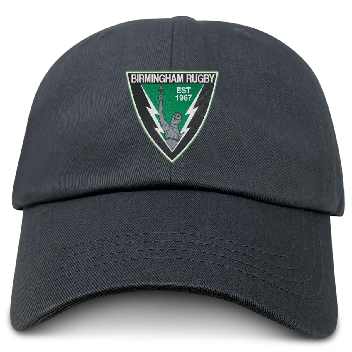 The EMB S&S Activewear Birmingham Rugby Adult Low-Profile Cotton Twill Dad Cap features embroidered team branding, a Birmingham Rugby emblem, green trim, torch and lightning bolt details, plus “Birmingham Rugby Est 1967” text.