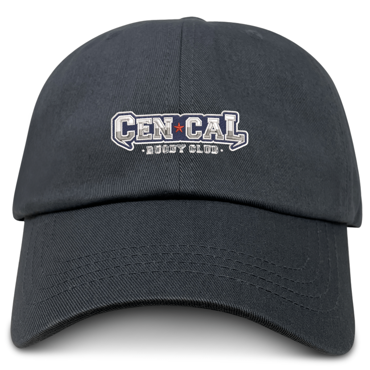 The EMB S&S Activewear CenCal Rugby Adult Low-Profile Cotton Twill Dad Cap is a black hat with bold white and gray "CEN CAL BOOT CLUB" embroidered team branding across the front.