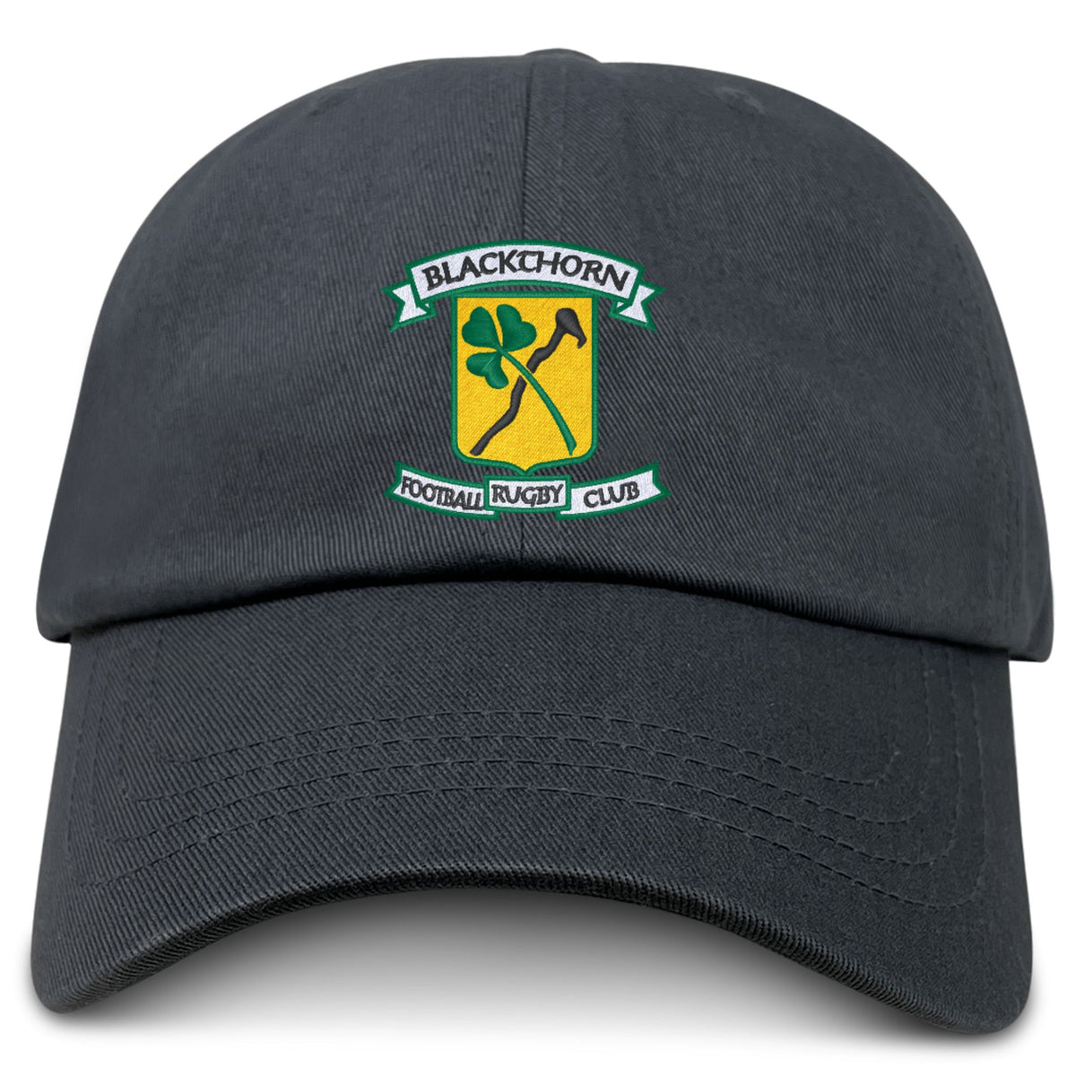 The EMB S&S Activewear Blackthorn RFC Adult Low-Profile Cotton Twill Dad Cap features embroidered "Blackthorn Football Rugby Club" branding with a shamrock and blackthorn stick crest.