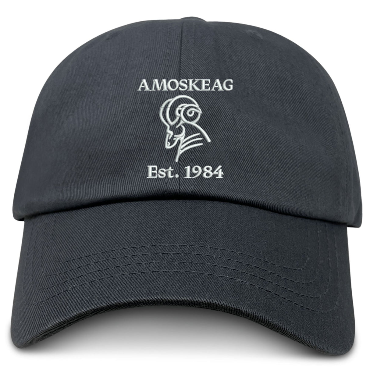 The Amoskeag Rugby Club Adult Low-Profile Cotton Twill Dad Cap by EMB S&S Activewear features "AMOSKEAG," a stylized ram's head, and "Est. 1984" embroidered in white on the black cotton twill front.
