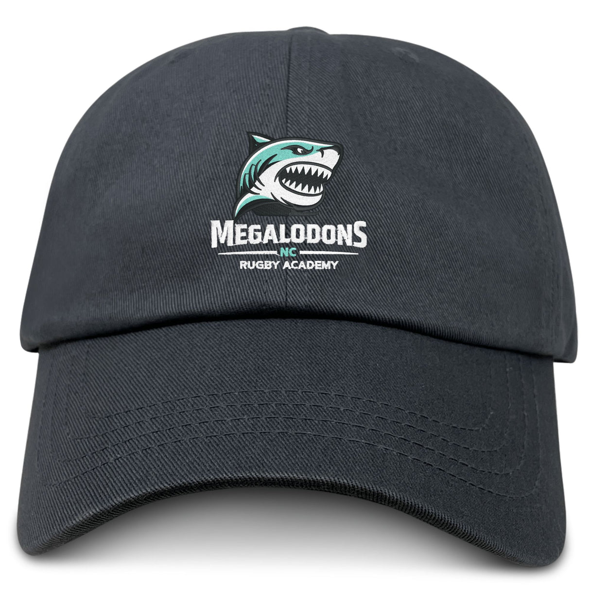 The EMB S&S Activewear NC Rugby Academy - Megalodons Adult Low-Profile Cotton Twill Dad Cap features a black design with an embroidered shark head logo and "Megalodons NC Rugby Academy" on the front for bold team branding.