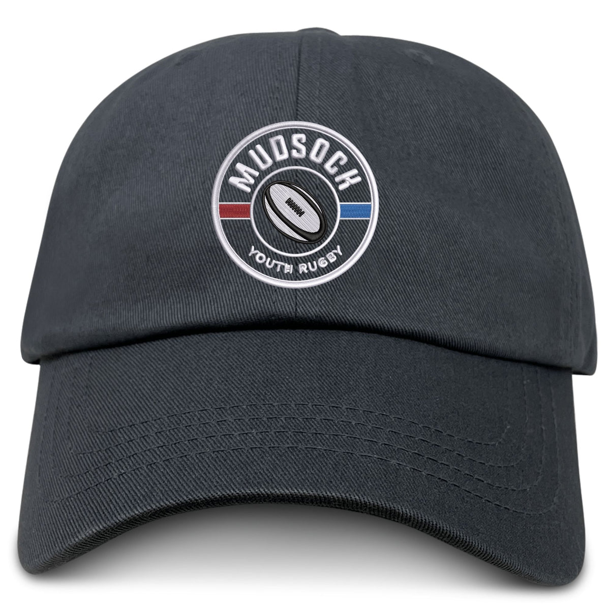 The Mudsock Rugby Adult Low-Profile Cotton Twill Dad Cap by EMB S&S Activewear features a black embroidered circular logo with “Mudsock Youth Rugby,” a rugby ball, and red/blue stripes—perfect for displaying team pride.