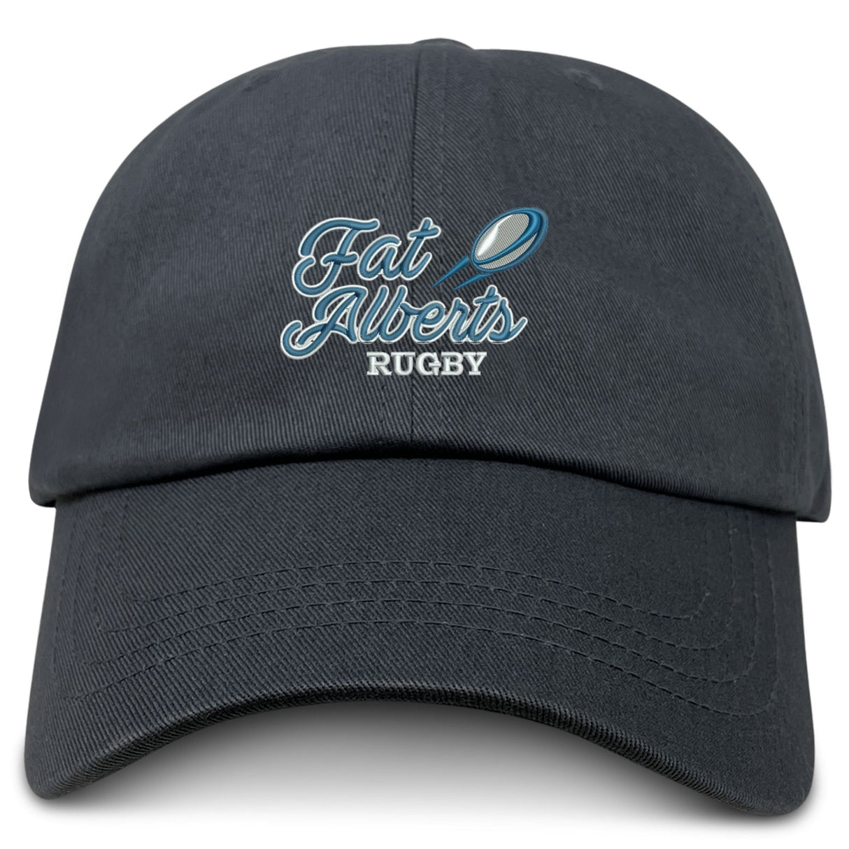 The EMB S&S Activewear Gulf Coast Fat Alberts Adult Low-Profile Cotton Twill Dad Cap is black and features embroidered "Fat Alberts RUGBY" team branding with a small rugby ball graphic above the words.