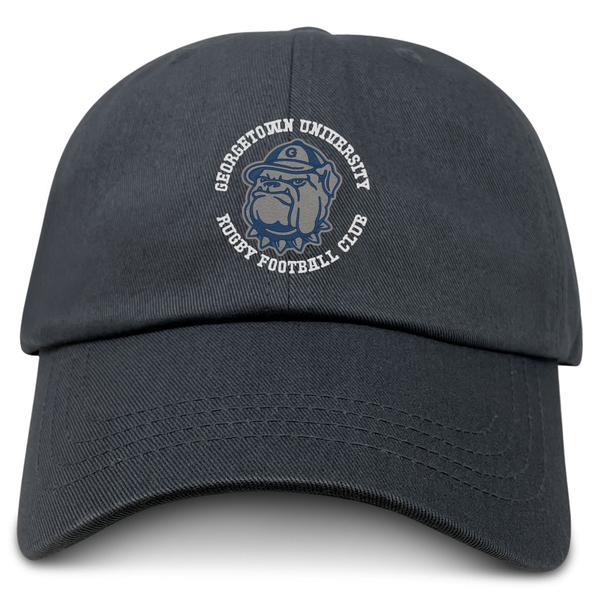 The EMB S&S Activewear Georgetown University RFC Adult Low-Profile Cotton Twill Dad Cap features embroidered team branding and the bulldog logo on the front.