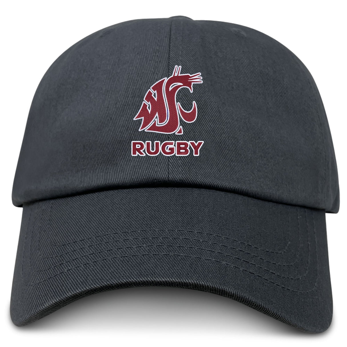 The EMB S&S Activewear Washington State University Adult Low-Profile Cotton Twill Dad Cap features a black design with a red and white cougar logo, "RUGBY," and embroidered team branding on the front.