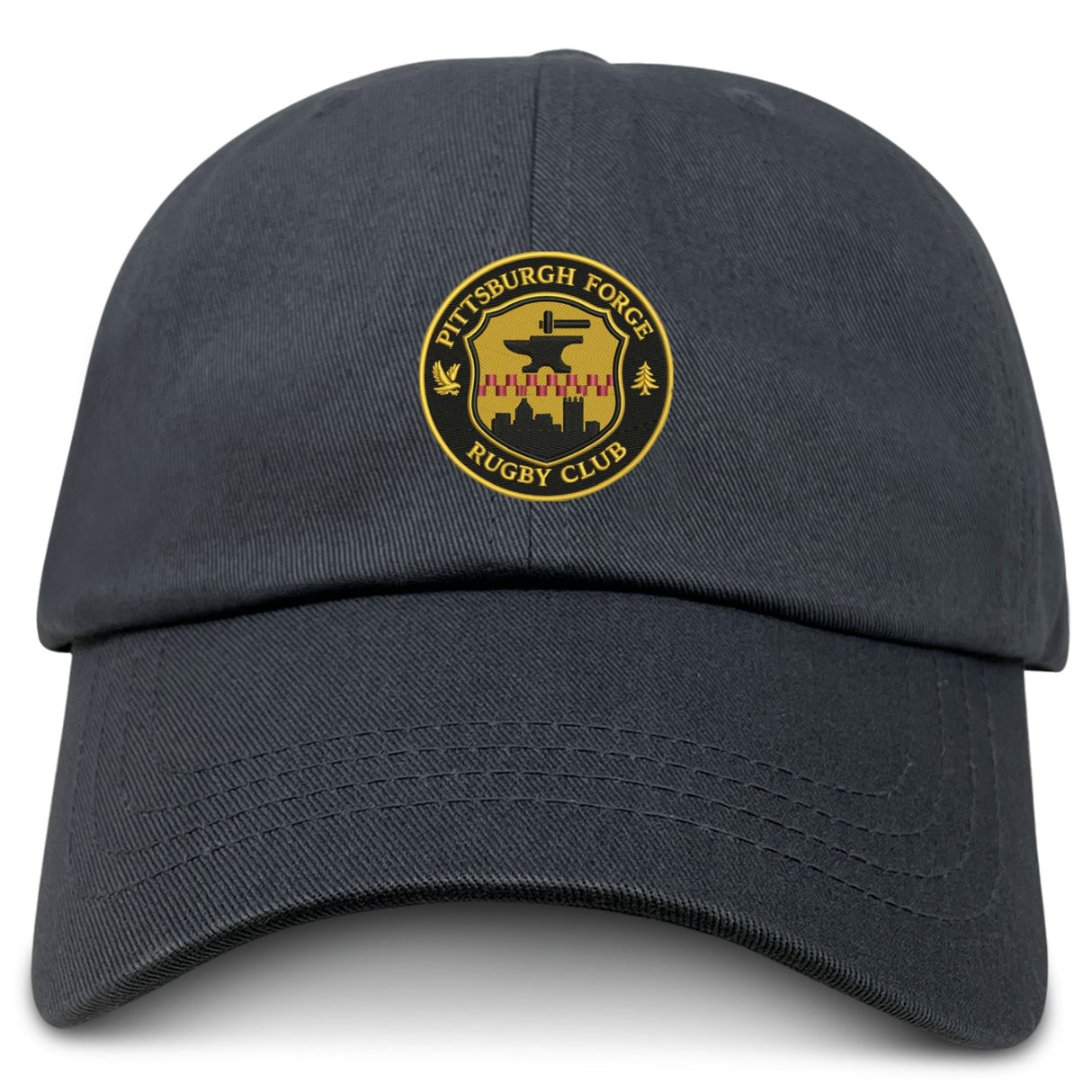 The EMB S&S Activewear Pittsburgh Forge Adult Low-Profile Cotton Twill Dad Cap features the team logo in yellow, red, and black embroidery on a black hat—ideal as a stylish dad cap or team accessory for fans.