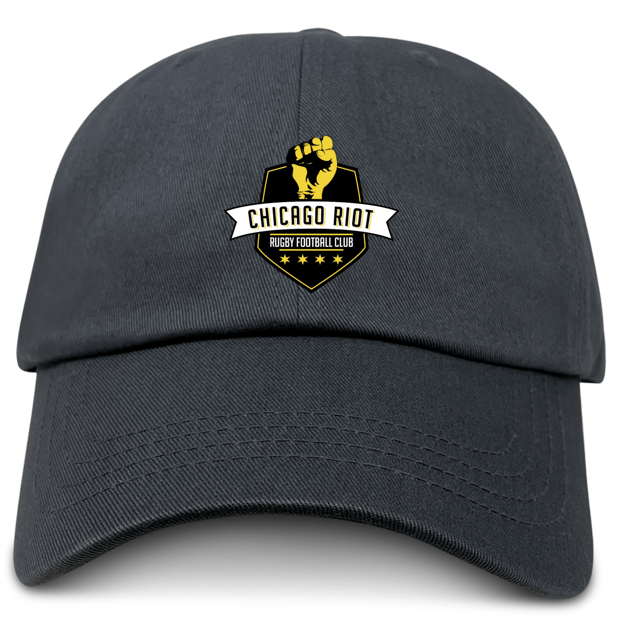 The EMB S&S Activewear Chicago Riot Adult Low-Profile Cotton Twill Dad Cap is black with embroidered "Chicago Riot Rugby Football Club" logo, a raised fist, and gold accents on the front.