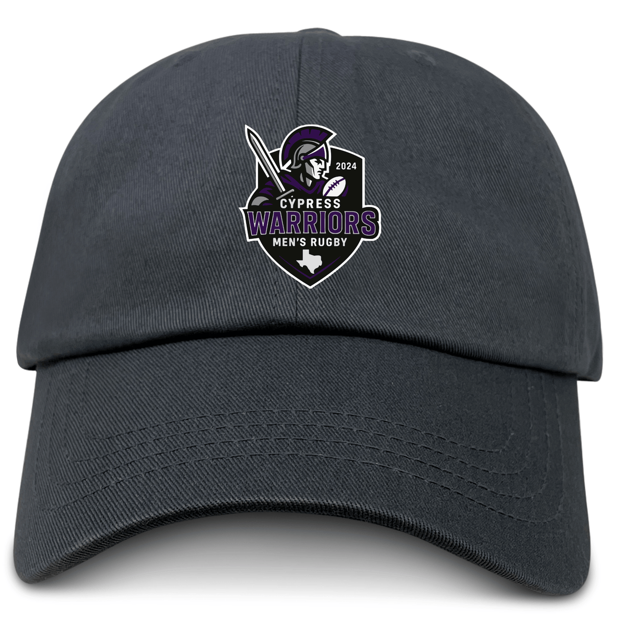 The EMB S&S Activewear Cypress Warriors Men's Rugby Adult Low-Profile Cotton Twill Dad Cap features a black design with embroidered "Cypress Warriors Men's Rugby 2024" logo, helmet, and sword on the front.