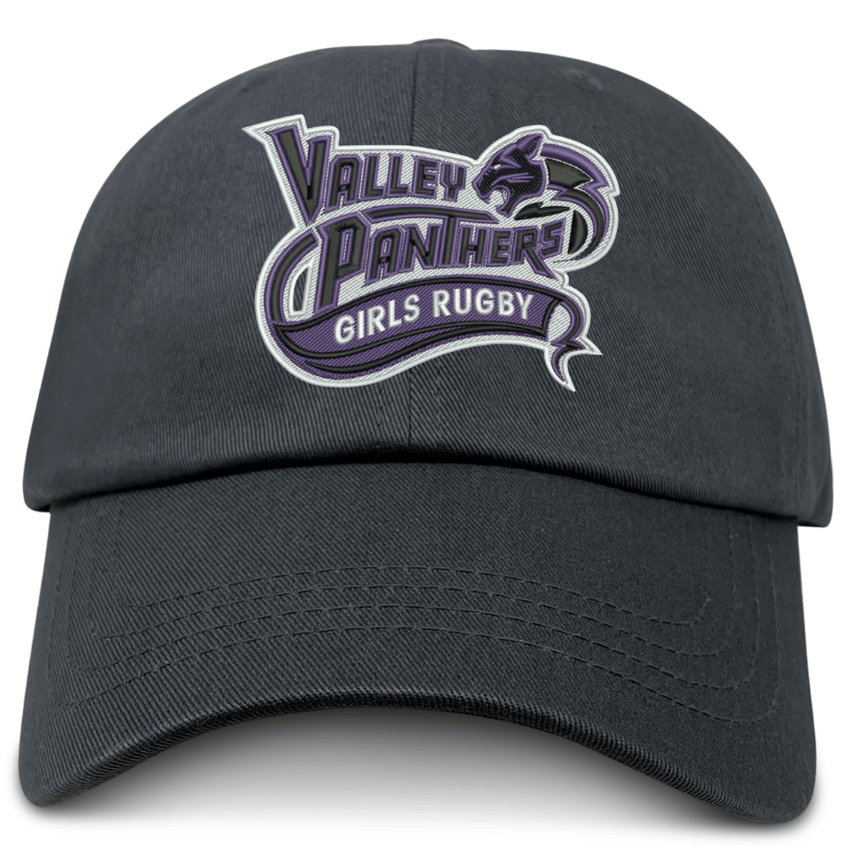The EMB S&S Activewear Valley Panthers Girls Rugby Adult Low-Profile Cotton Twill Dad Cap is a black cotton twill hat featuring an embroidered purple and white “Valley Panthers Girls Rugby” logo with a panther head on the front.
