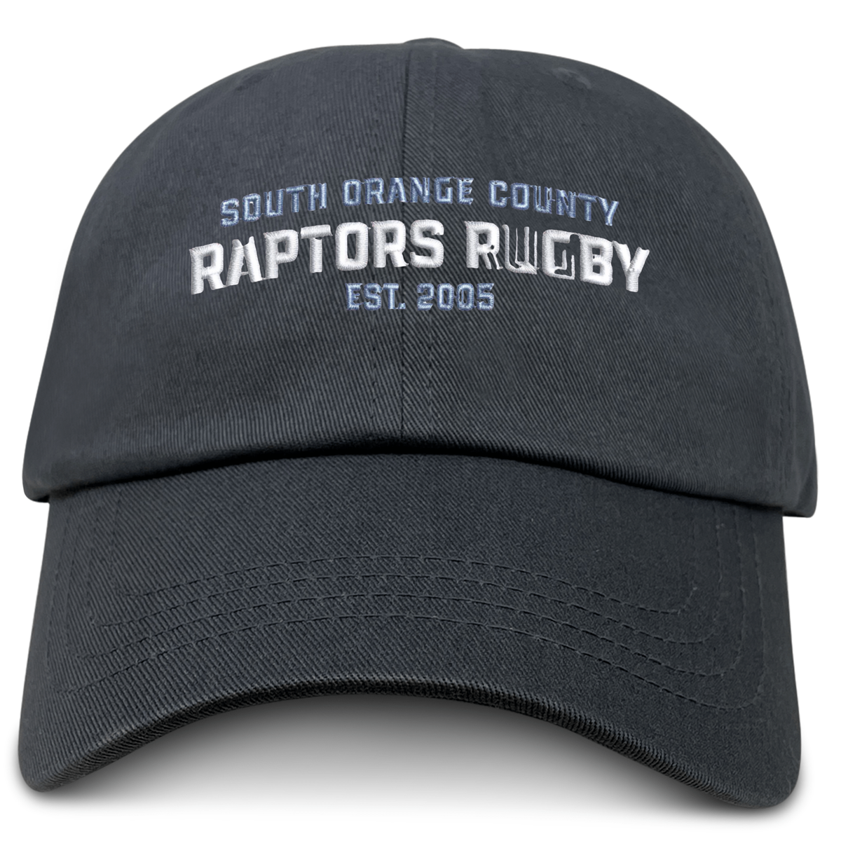 The EMB S&S Activewear South Orange County Raptors Adult Low-Profile Cotton Twill Dad Cap is a black dad cap with white embroidered text on the front that reads “South Orange County Raptors Rugby Est. 2005.”.