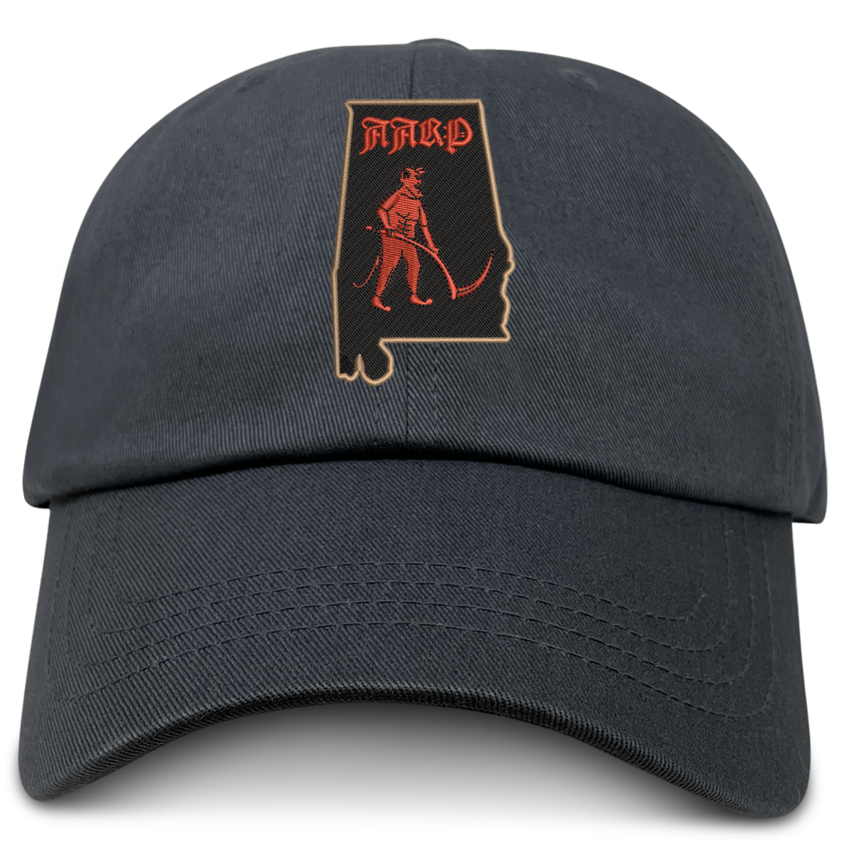 An Aging Alabama Rugby Players Adult Low-Profile Cotton Twill Dad Cap by EMB S&S Activewear featuring a graphic of the state of Alabama with a red grim reaper figure and the text “HARD” inside.