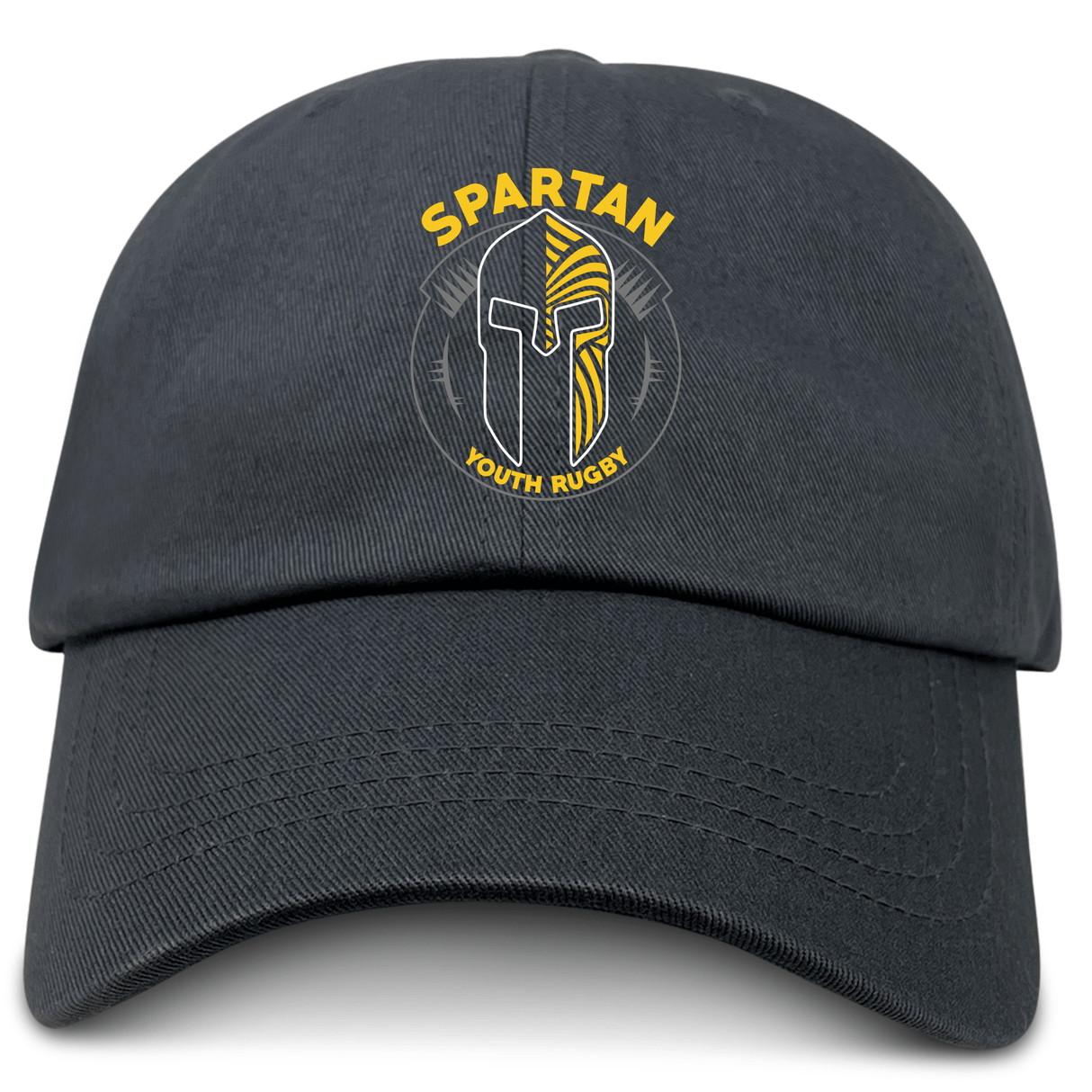 The EMB S&S Activewear Spartan Youth Rugby Adult Low-Profile Cotton Twill Dad Cap features "Spartan Youth Rugby" and a bold yellow and gray Spartan helmet embroidered on the front.
