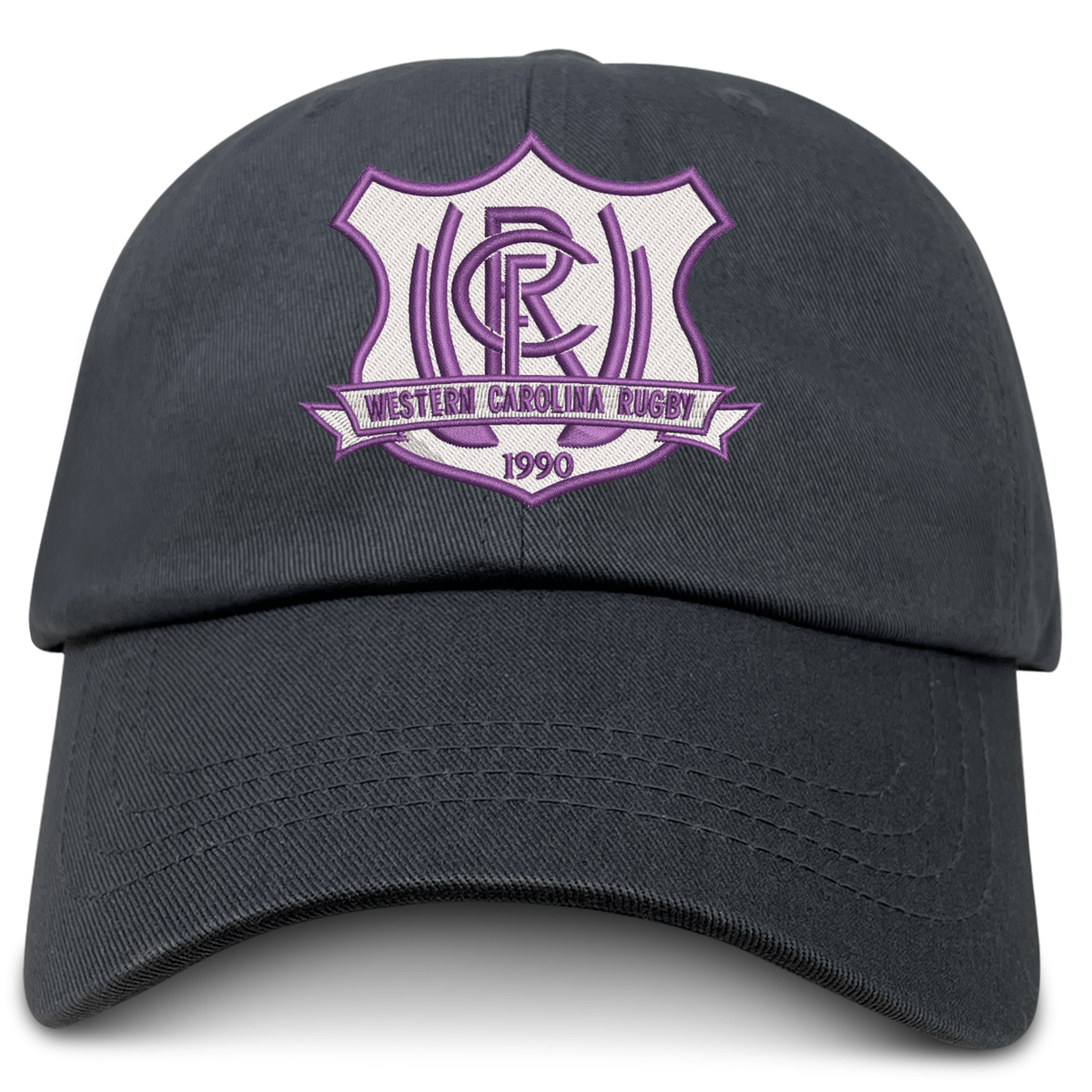 Western Carolina University Adult Low-Profile Cotton Twill Dad Cap in dark gray with an embroidered shield patch reading “Western Carolina Rugby 1990” in purple and white.