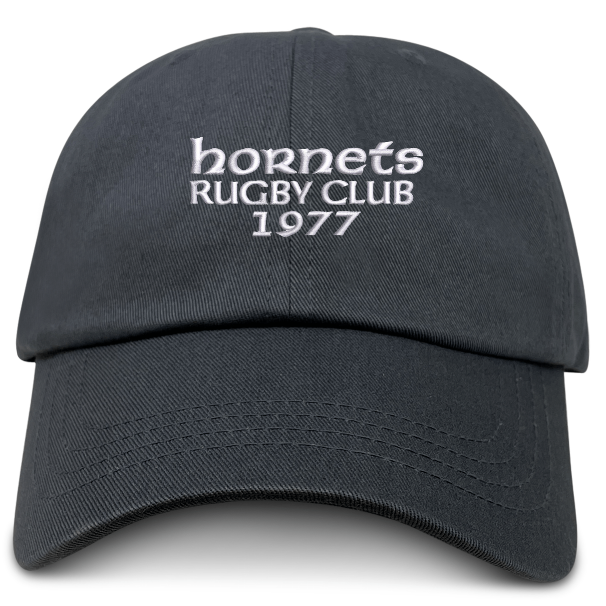 The Hornets Rugby Club 1977 Adult Low-Profile Cotton Twill Dad Cap by EMB S&S Activewear features white embroidered team branding on the front reading "hornets RUGBY CLUB 1977" and is made from black cotton twill.