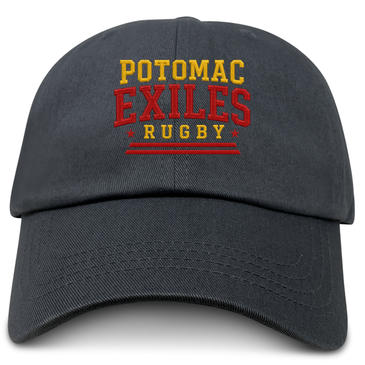 The Potomac Exiles Rugby Club Adult Low-Profile Cotton Twill Dad Cap by EMB S&S Activewear is a classic black dad cap made from durable cotton twill, showcasing vibrant "Potomac Exiles Rugby" team embroidery in yellow and red on the front panel.
