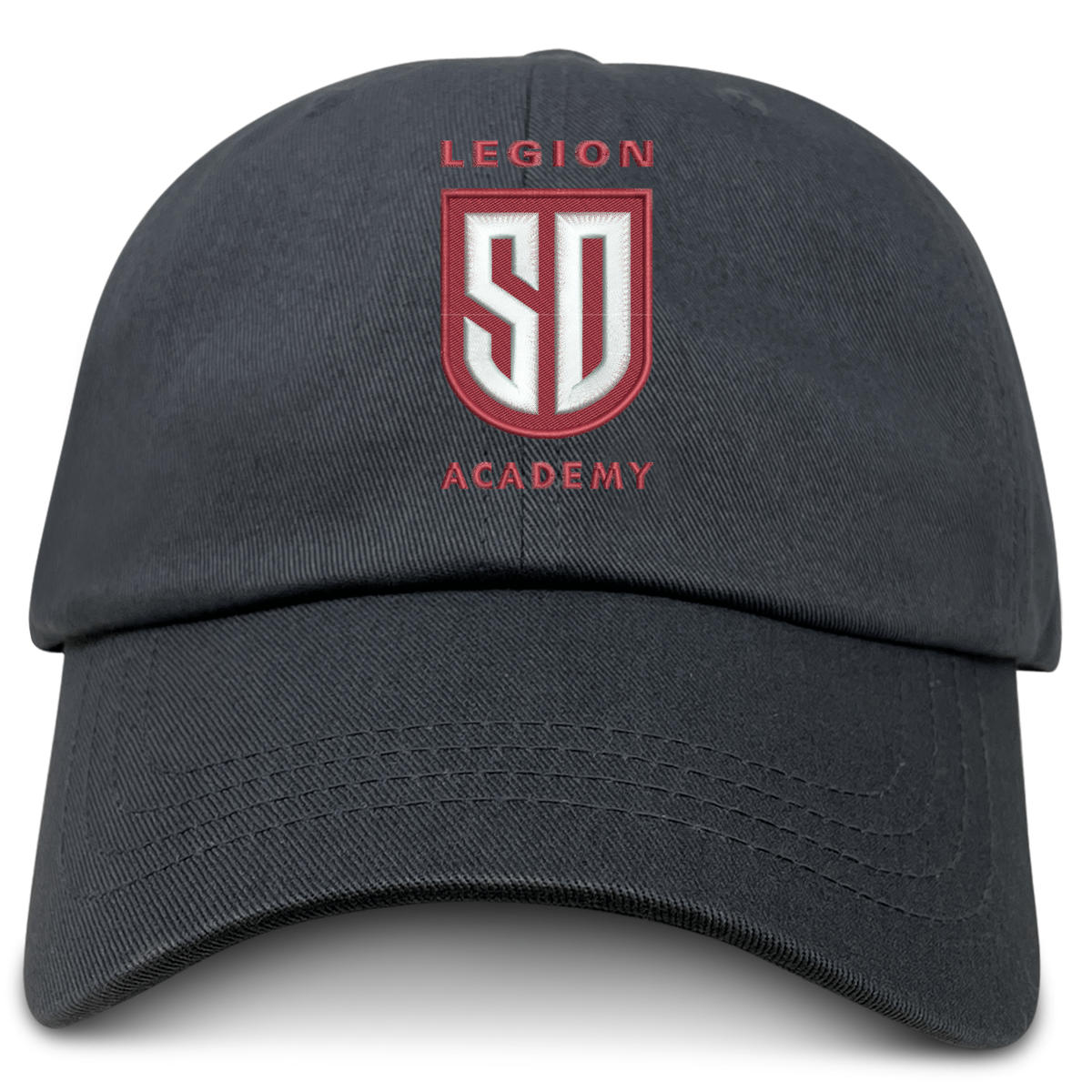 Dark gray cotton twill Legion Academy Adult Low-Profile Cotton Twill Dad Cap featuring a red and white shield logo with “SD” and “LEGION ACADEMY” embroidered on the front.
