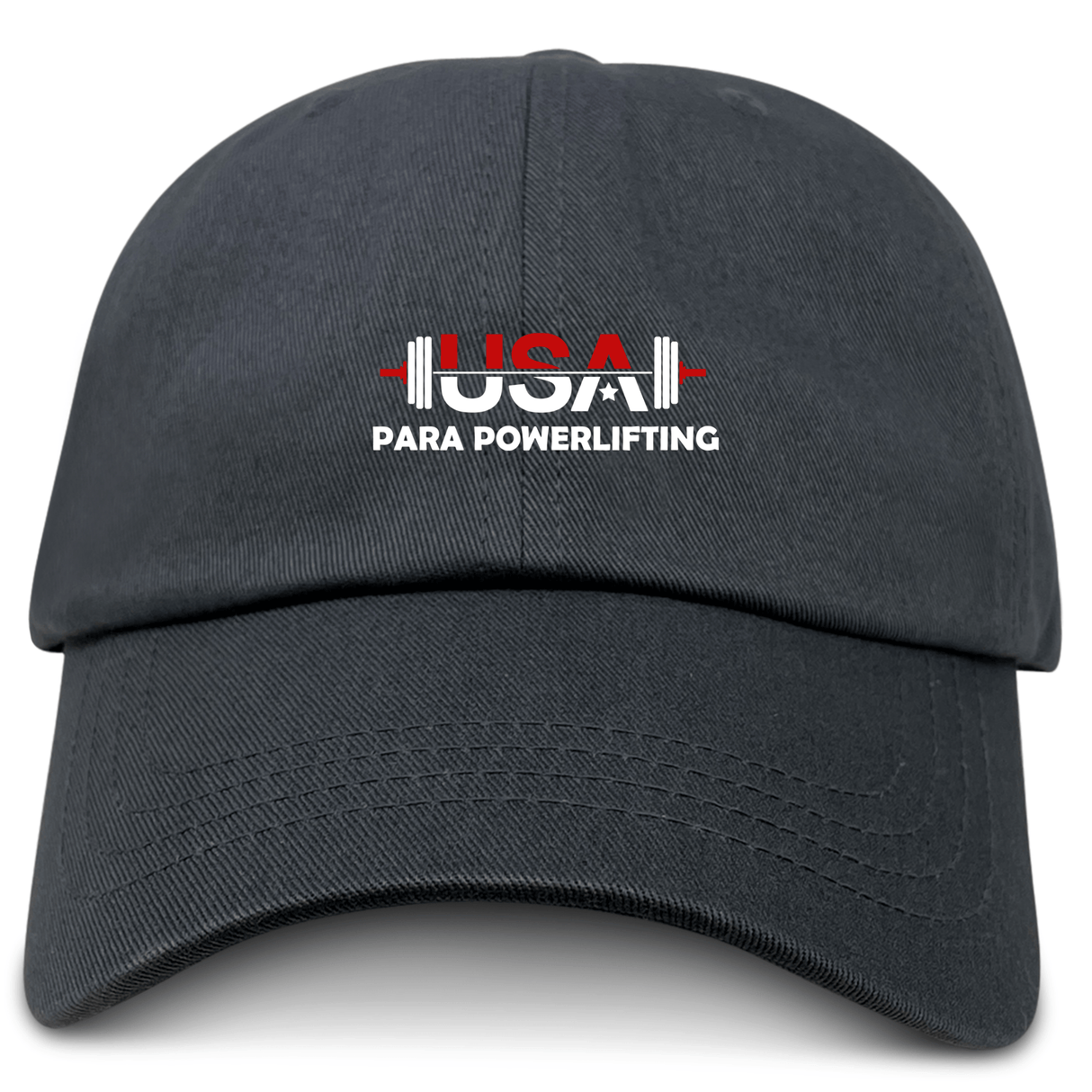 The EMB S&S Activewear USA Para Powerlifting Adult Low-Profile Cotton Twill Dad Cap is black with embroidered "USA PARA POWERLIFTING" and a barbell graphic on the front.