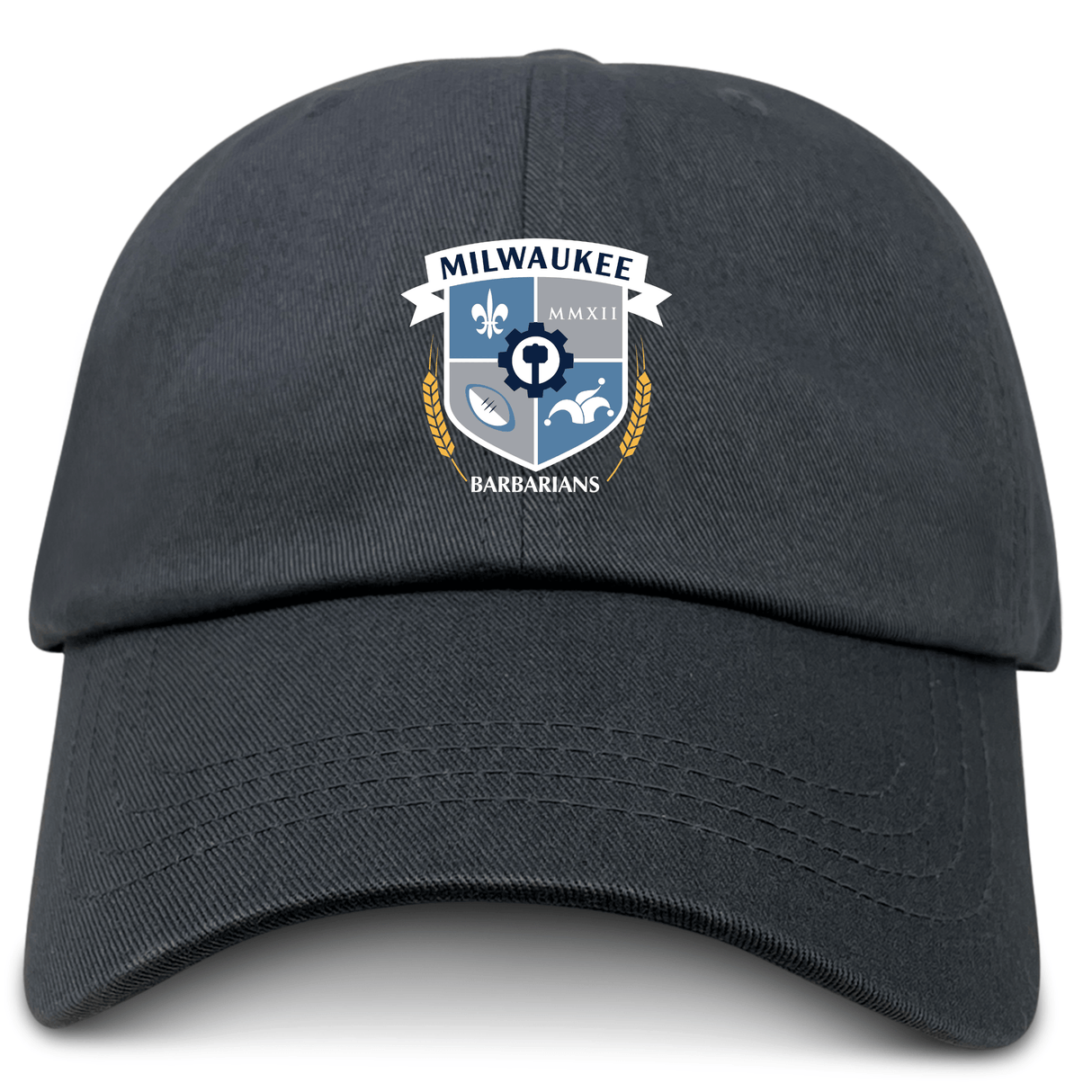 The EMB S&S Activewear Milwaukee Barbarians Rugby Adult Low-Profile Cotton Twill Dad Cap features the team crest and embroidered branding on the front.
