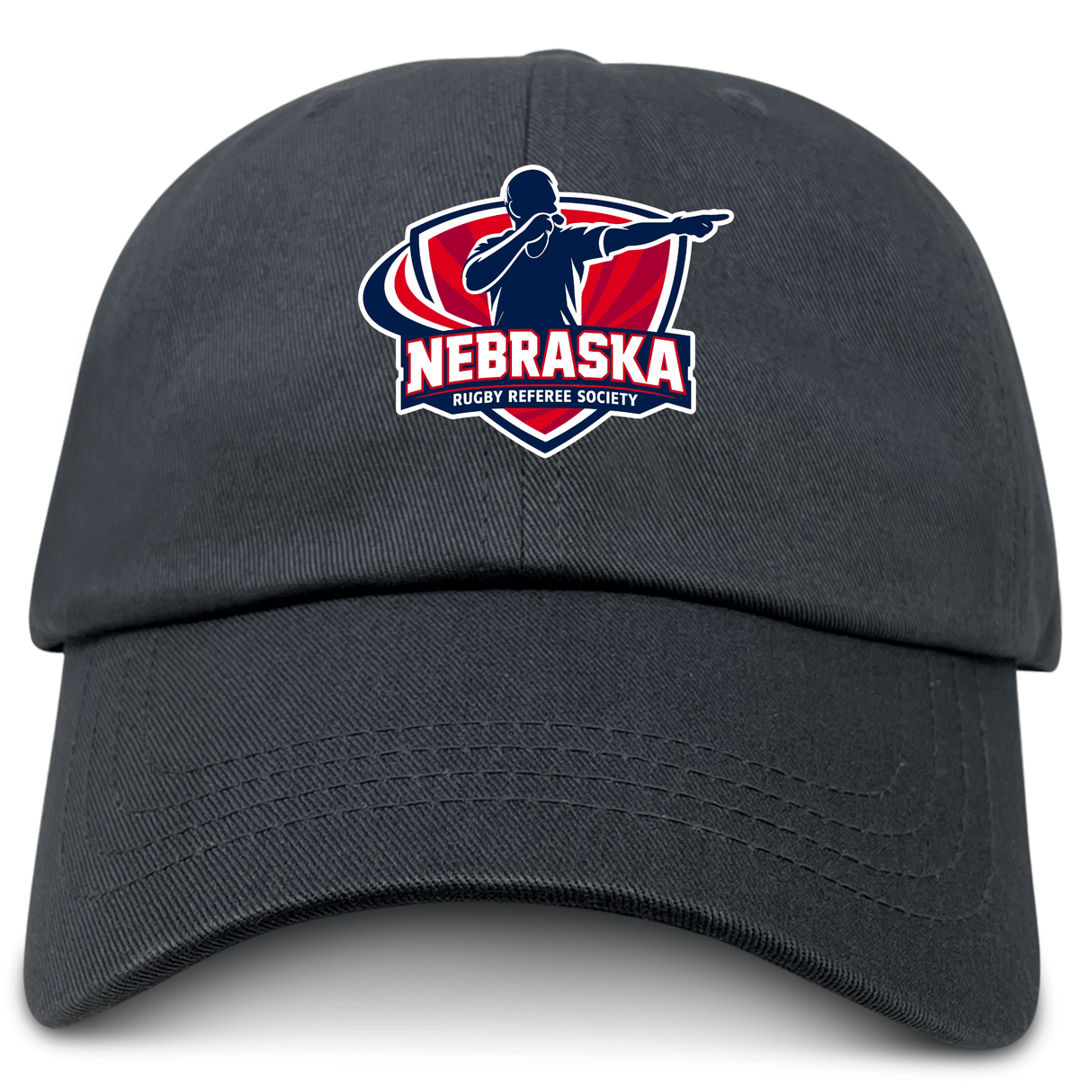 The EMB S&S Activewear Nebraska Rugby Referee Society Adult Low-Profile Cotton Twill Dad Cap features a referee silhouette and red/blue shield logo embroidered on black cotton twill.