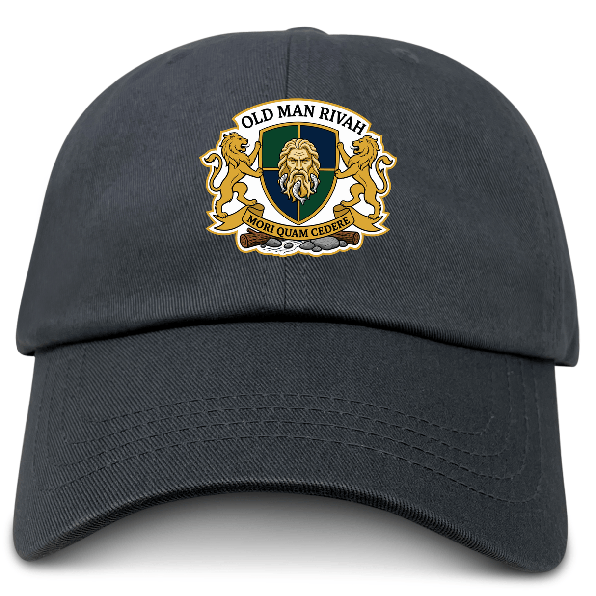 The EMB S&S Activewear Old Man Rivah Rugby Adult Low-Profile Cotton Twill Dad Cap is black, with embroidered team branding: a lion’s head crest, two lions, "OLD MAN RIVAH," and a banner reading "MORI QUAM CEDERE.