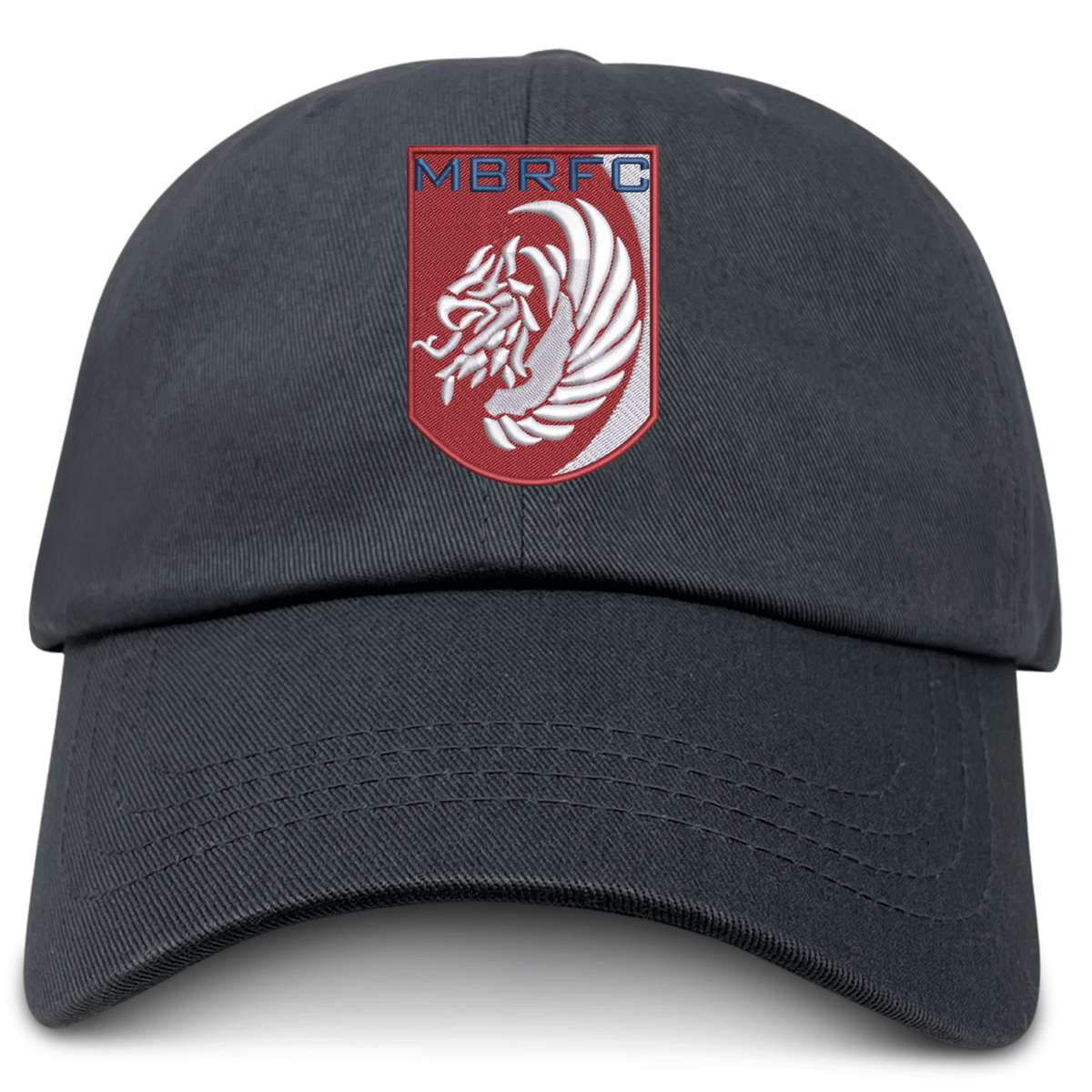 The Montgomery Bucks Griffins Adult Low-Profile Cotton Twill Dad Cap by EMB S&S Activewear is a black cotton twill cap with a lion head patch, team branding, and "MBRFC" embroidered on the front.