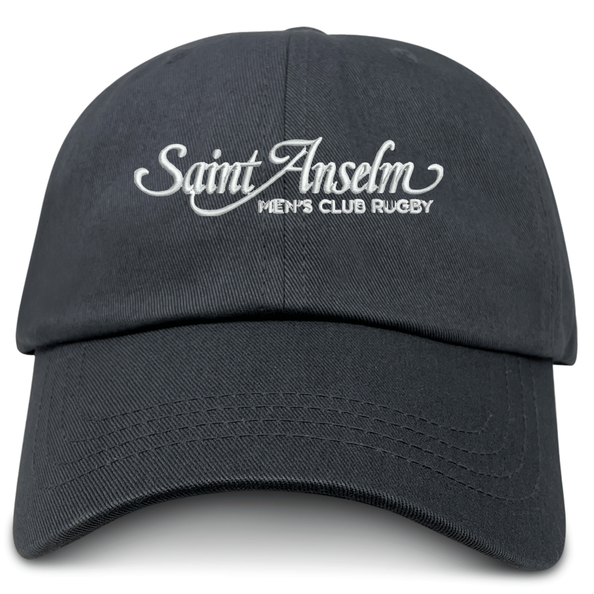 The EMB S&S Activewear Saint Anselm College Club Rugby Adult Low-Profile Cotton Twill Dad Cap is black with white “Saint Anselm Men’s Club Rugby” embroidered on the front.