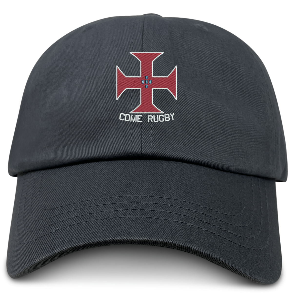 The SF CDME Rugby Adult Low-Profile Cotton Twill Dad Cap by EMB S&S Activewear features a black cotton twill construction with an embroidered team design—a bold red cross emblem accented by a small blue cross at the center and the text "CDME RUGBY" underneath. This classic dad cap combines comfort with eye-catching detail, making it the perfect choice for showing off your team pride.