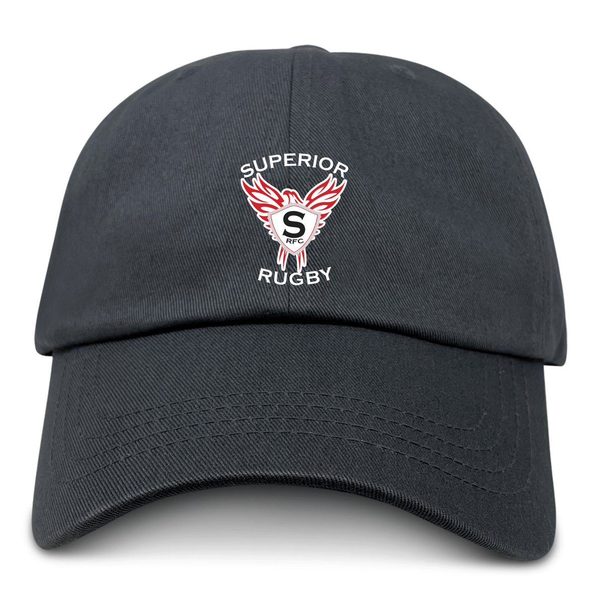 The EMB S&S Activewear Superior Rugby Club Adult Low-Profile Cotton Twill Dad Cap features embroidered team branding with a stylized "S" and red wings logo on the front.