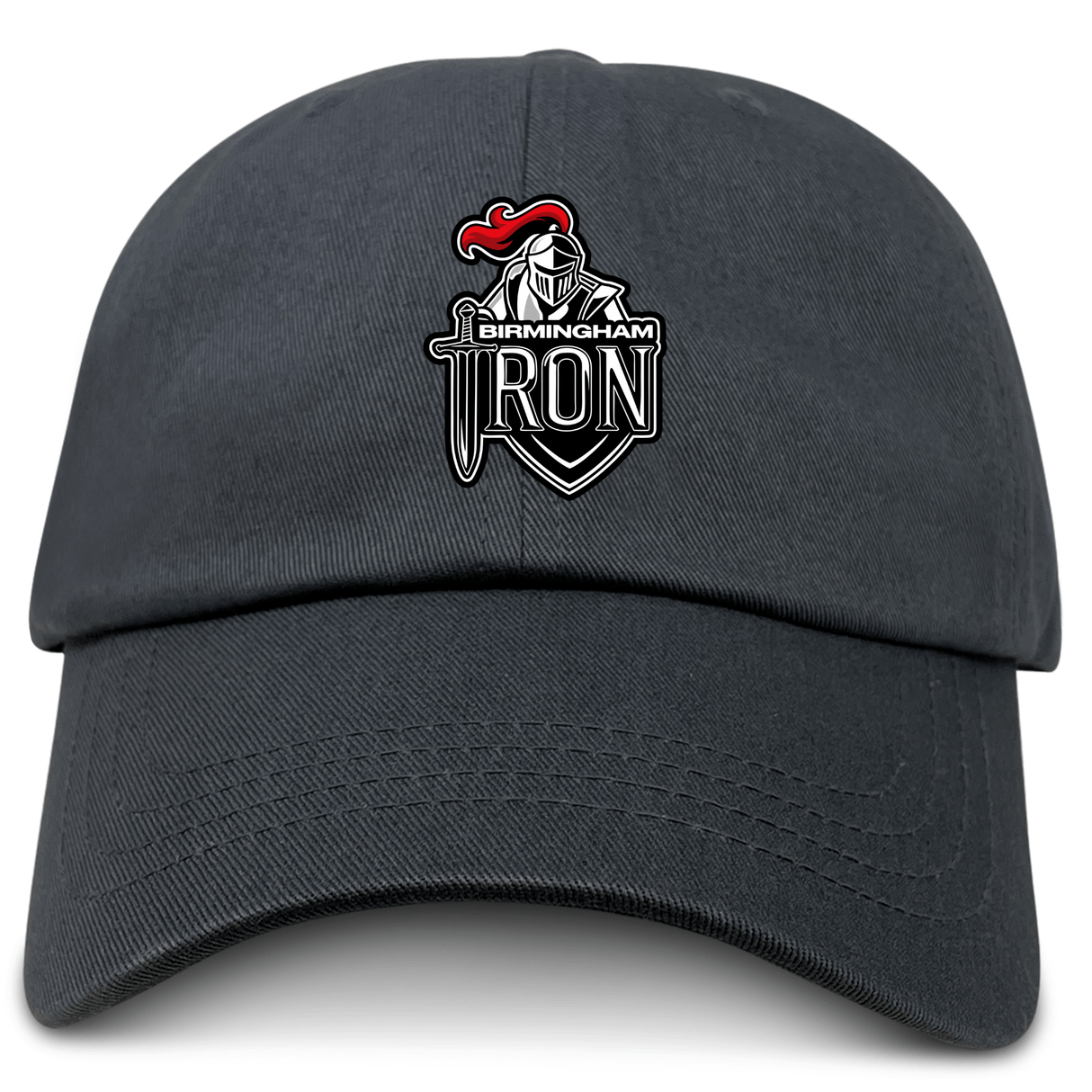 The EMB S&S Activewear Birmingham Iron Women's Football Adult Low-Profile Cotton Twill Dad Cap is black and features the embroidered team logo with a sword, shield, and knight’s helmet with a red plume on the front.