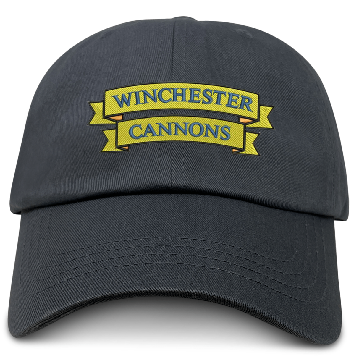The EMB S&S Activewear Winchester Cannons Adult Low-Profile Cotton Twill Dad Cap is a black hat with a yellow banner and "WINCHESTER CANNONS" embroidered on the front.