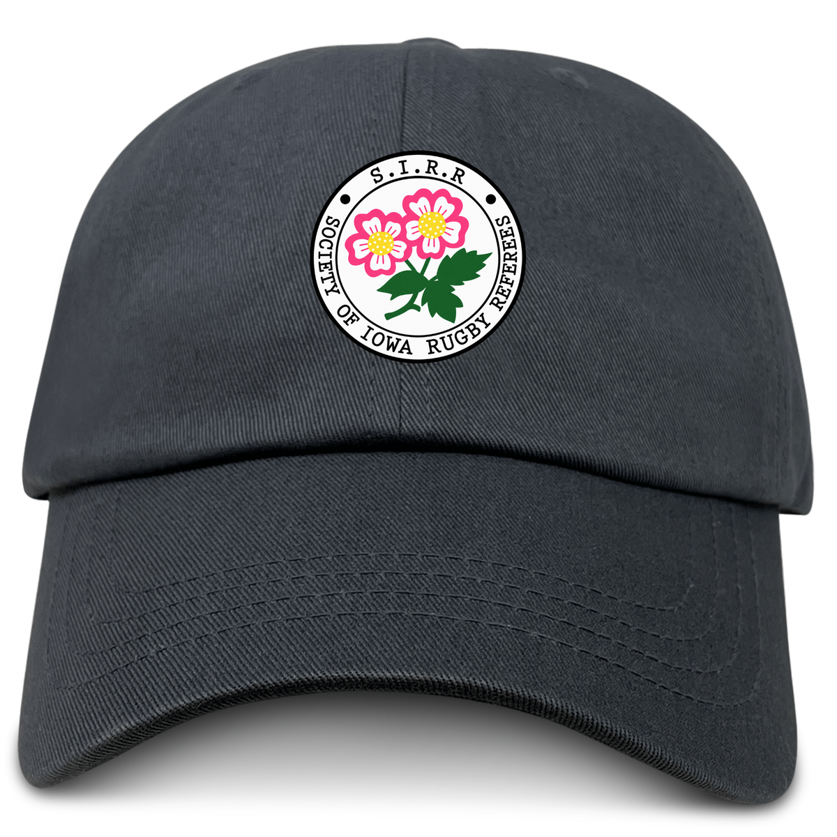 The Society of Iowa Rugby Referees Adult Low-Profile Cotton Twill Dad Cap by EMB S&S Activewear features a black cotton twill design with a circular Society of Iowa Rugby Referees logo—showcasing pink flowers and green leaves—embroidered on the front for bold team branding.